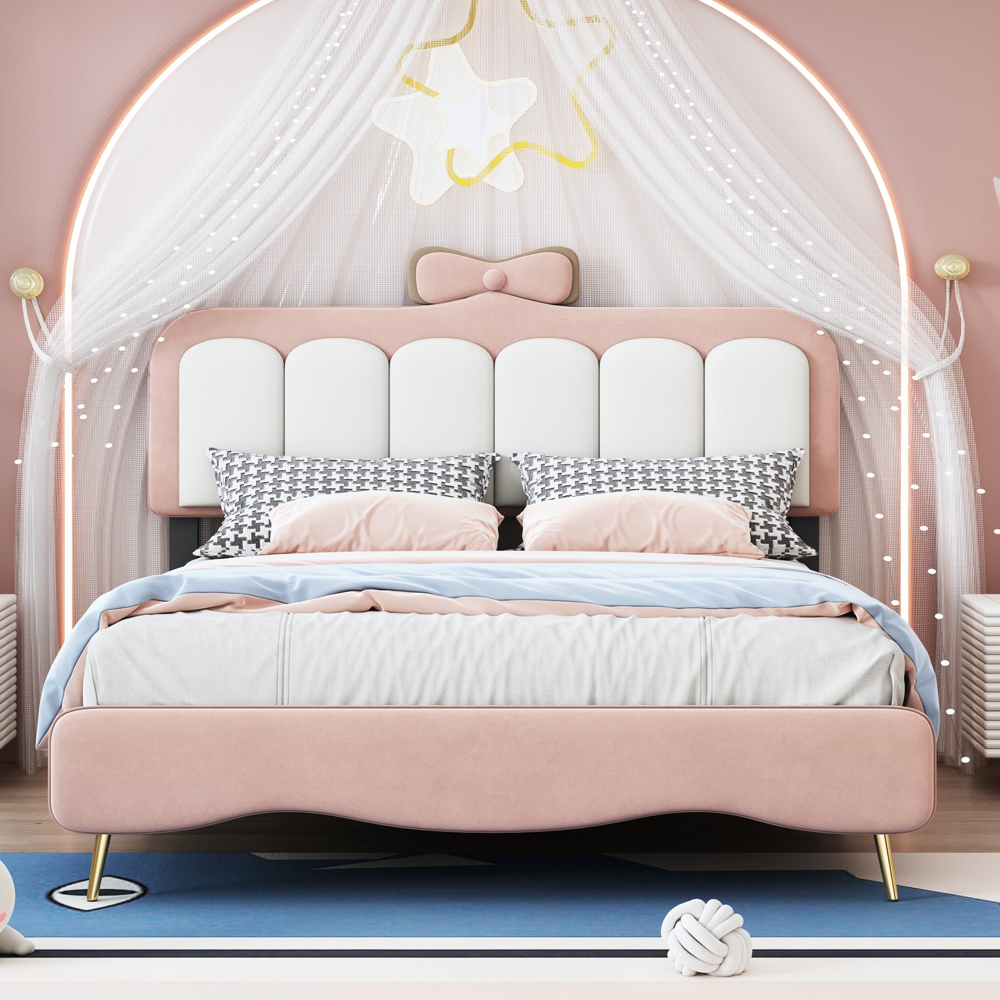 🆓🚛 Full Size Velvet Princess Bed With Bow-Knot Headboard, Full Size Platform Bed With Headboard and Footboard, White & Pink