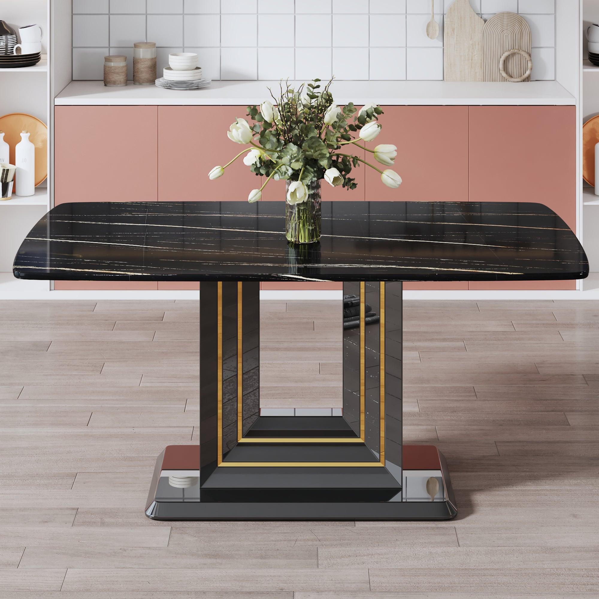 🆓🚛 Dining Table Black Imitation Marble Pattern Desktop Black Mdf Table Legs, Gold Lines, Black Base Suitable for Kitchen & Living Room 63"X35.4"X30"