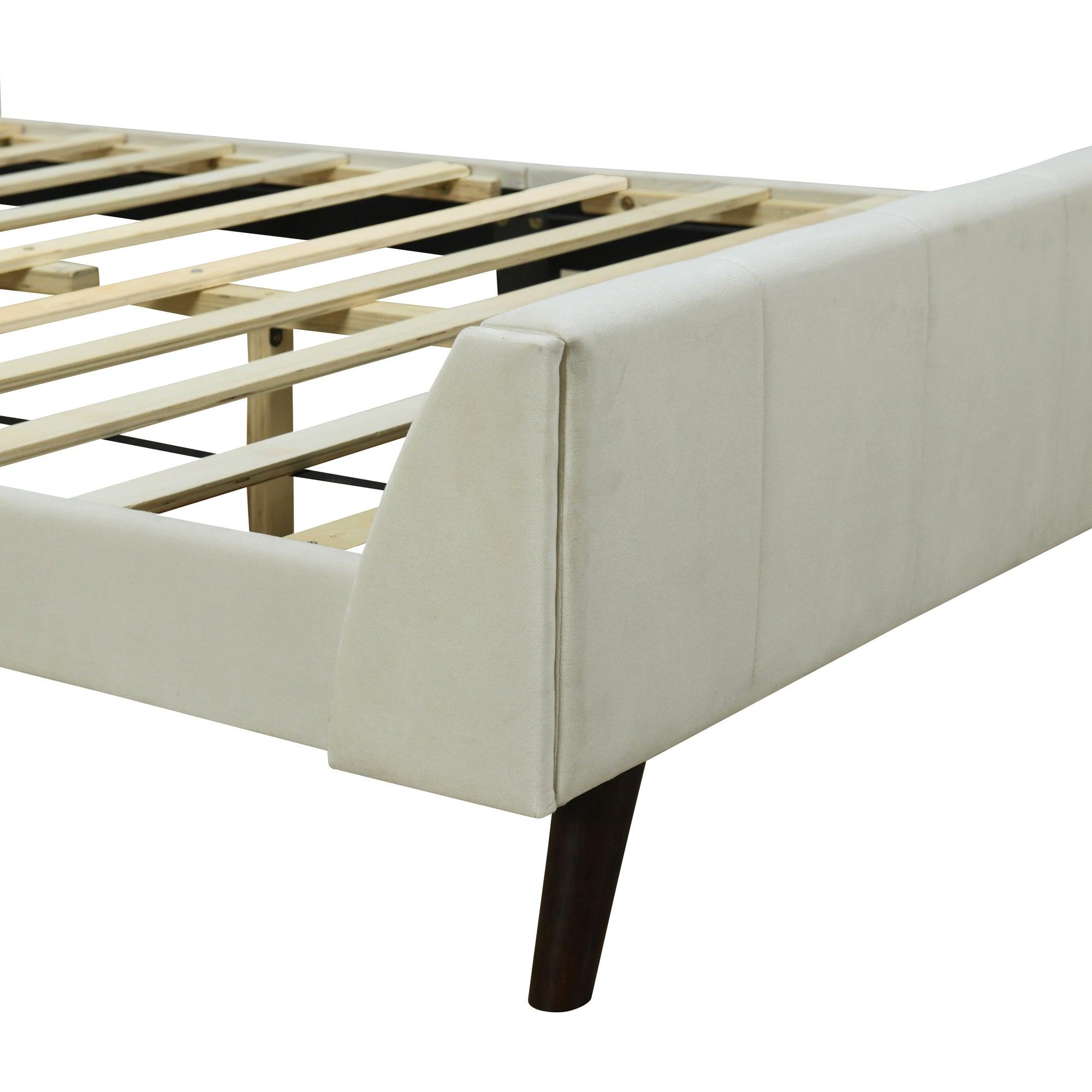 Full Size Upholstered Platform Bed, Velvet, Beige