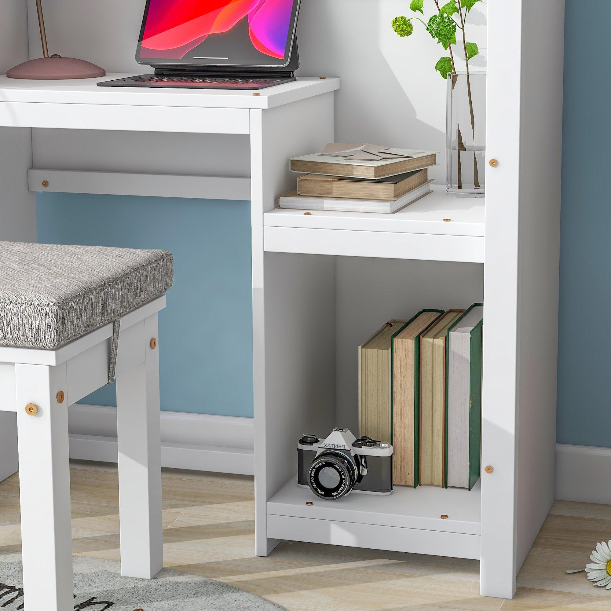 House-Shaped Desk With A Cushion Stool, White