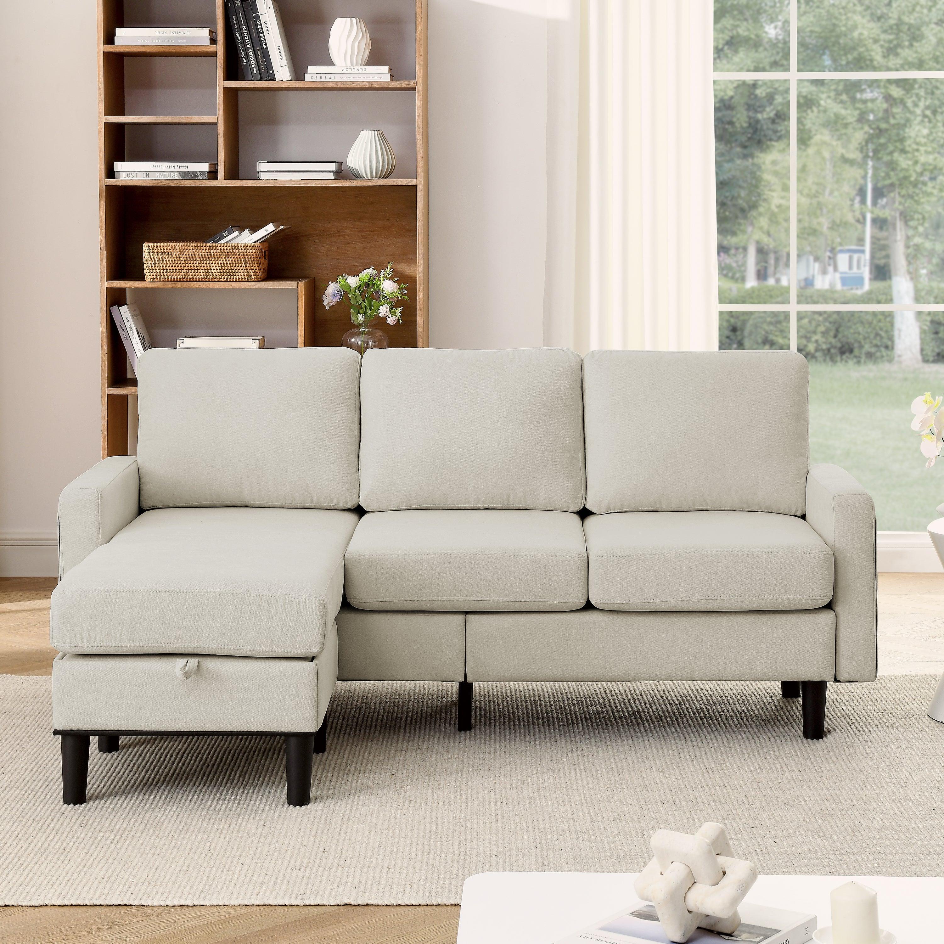 🆓🚛 Upholstered Sectional Sofa Couch, L Shaped Couch With Storage Reversible Ottoman Bench 3 Seater for Living Room, Apartment, Compact Spaces, Fabric Beige