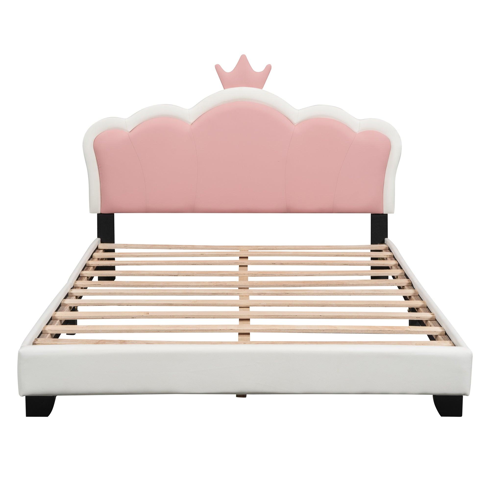 Full size Upholstered Princess Bed With Crown Headboard, Full Size Platform Bed with Headboard and Footboard, White+Pink