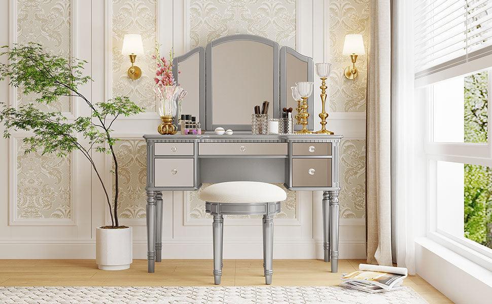 43" Dressing Table Set with Mirrored Drawers and Stool, Tri-fold Mirror, Makeup Vanity Set for Bedroom, Silver