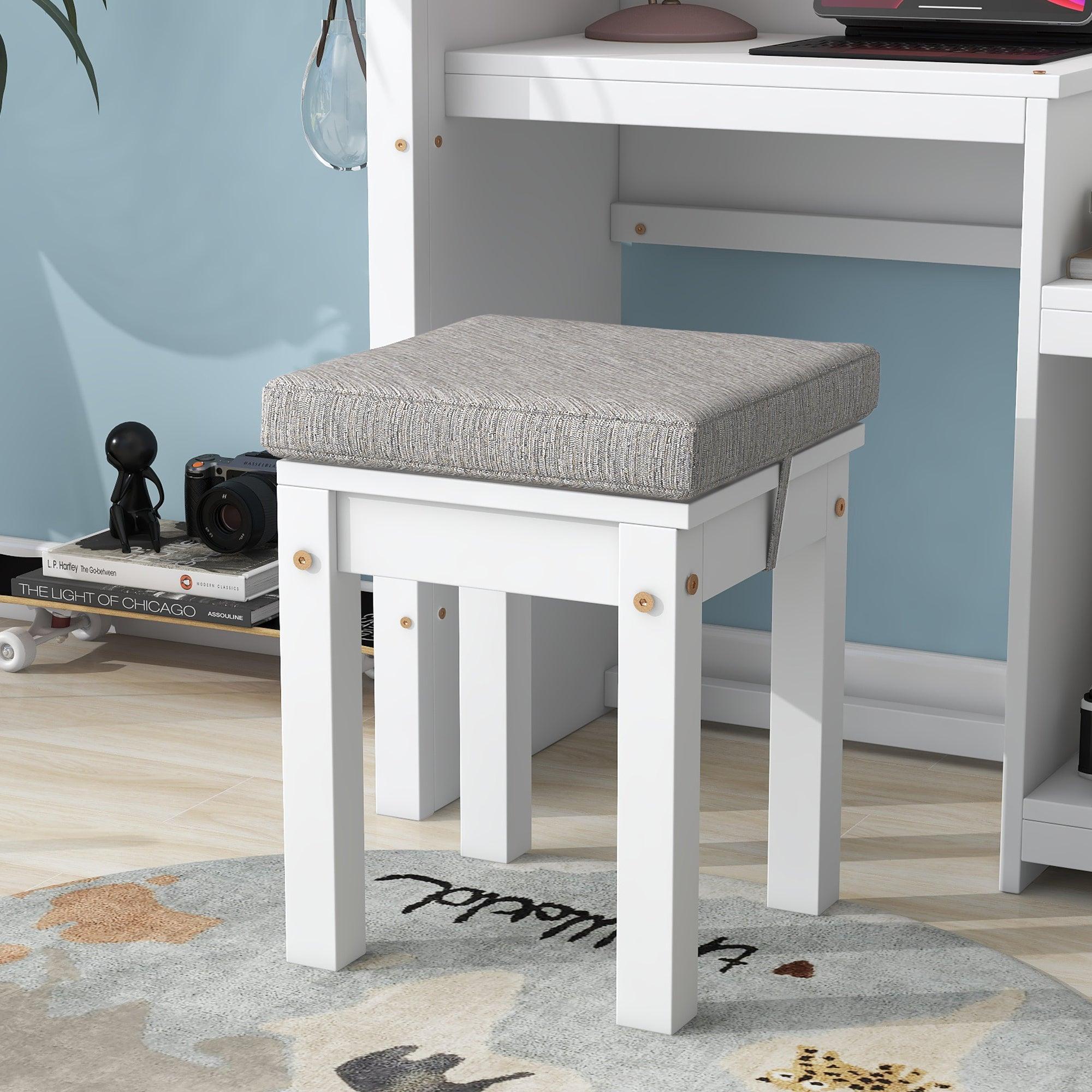 House-Shaped Desk With A Cushion Stool, White