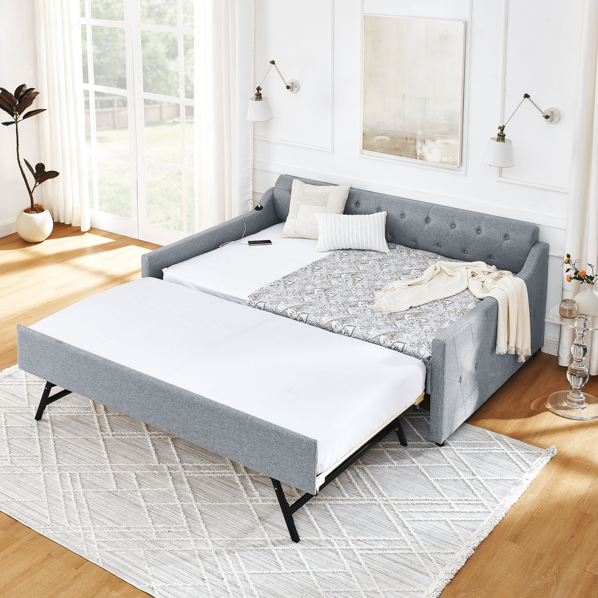 Full Size Upholstery DayBed with Twin Size Erectable Trundle and USB Charging Design, Linen Gray