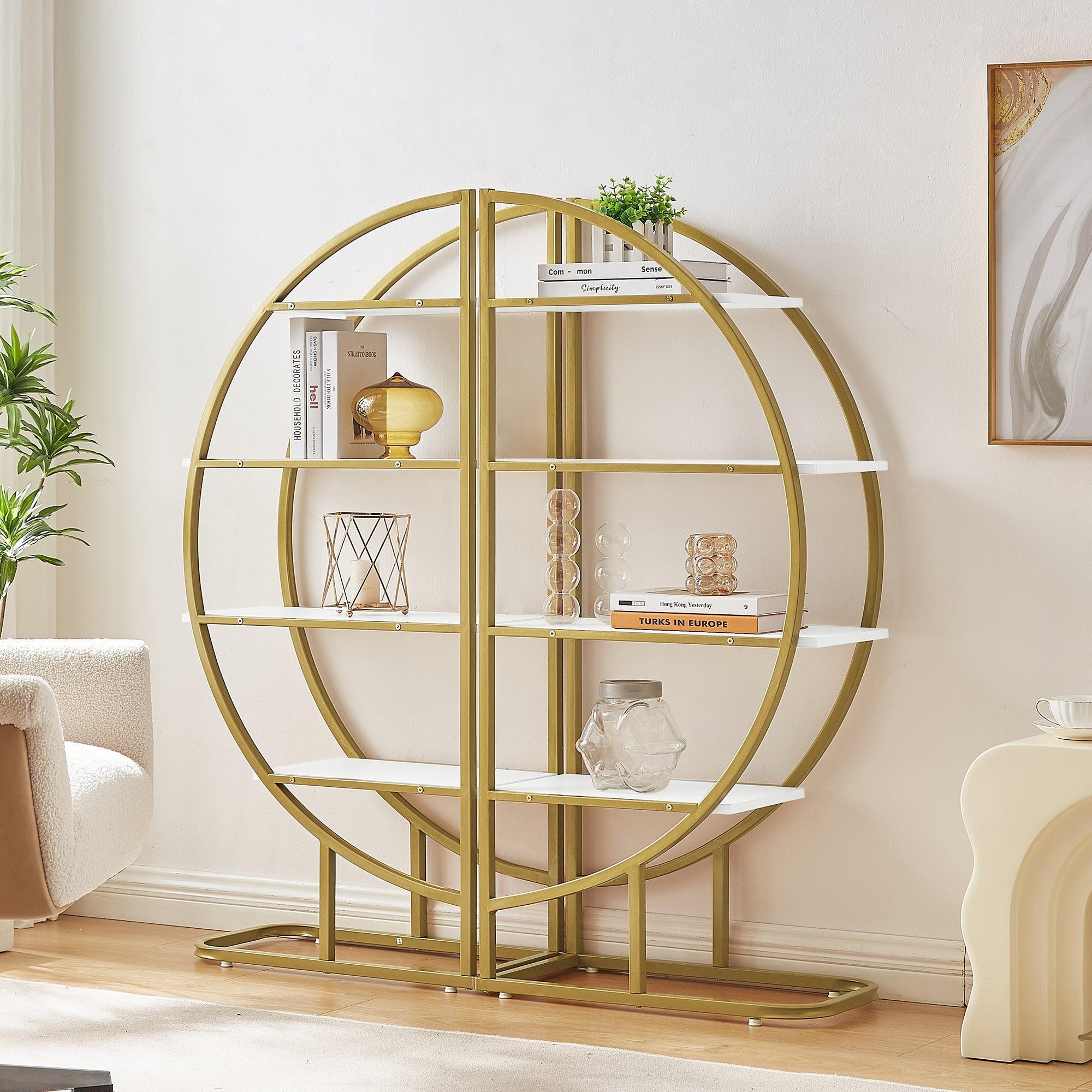 🆓🚛 4 Tiers Home Office Open Bookshelf, Round Shape, Different Placement Ways, Mdf Board, Gold Metal Frame, White