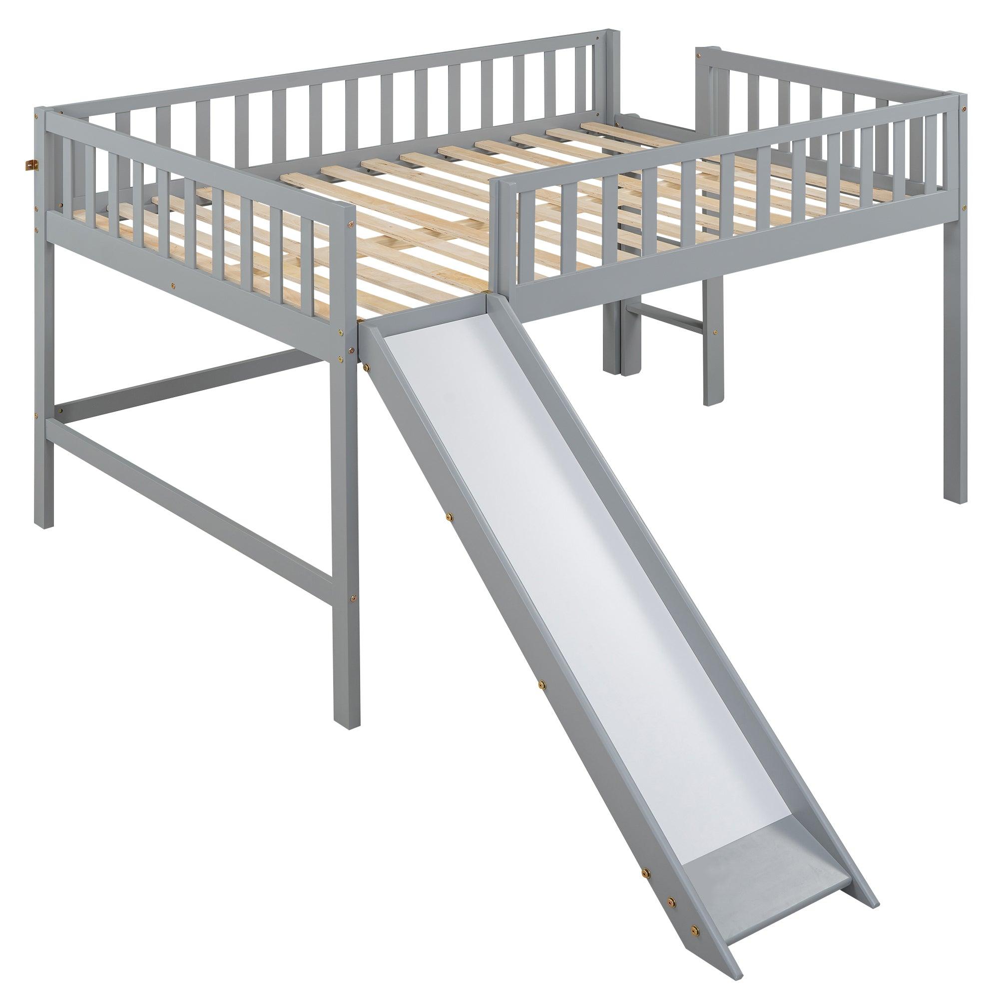 Full Size Low Loft Bed with Ladder and Slide, Gray