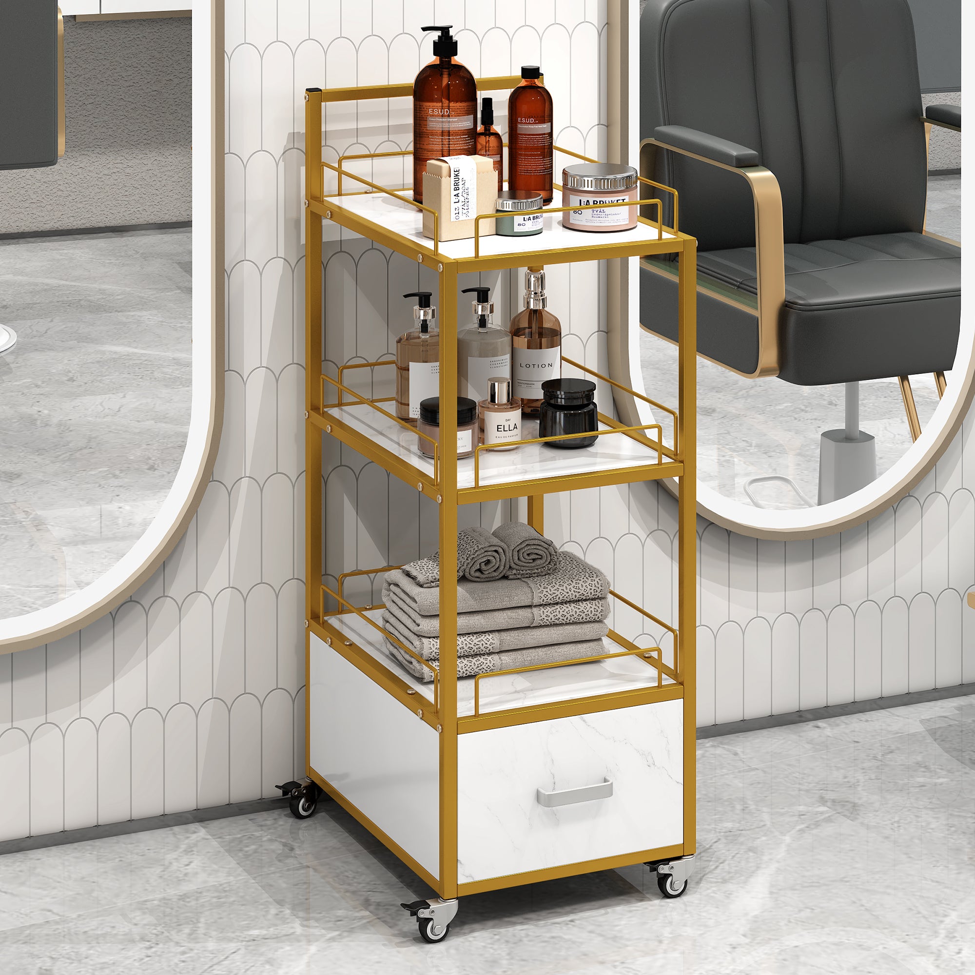 🆓🚛 Beauty Salon Storage Trolley Cart, With Lockable Rolling Wheels, Metal Frame Marbled Board, Drawer Barber Salon Furniture, White