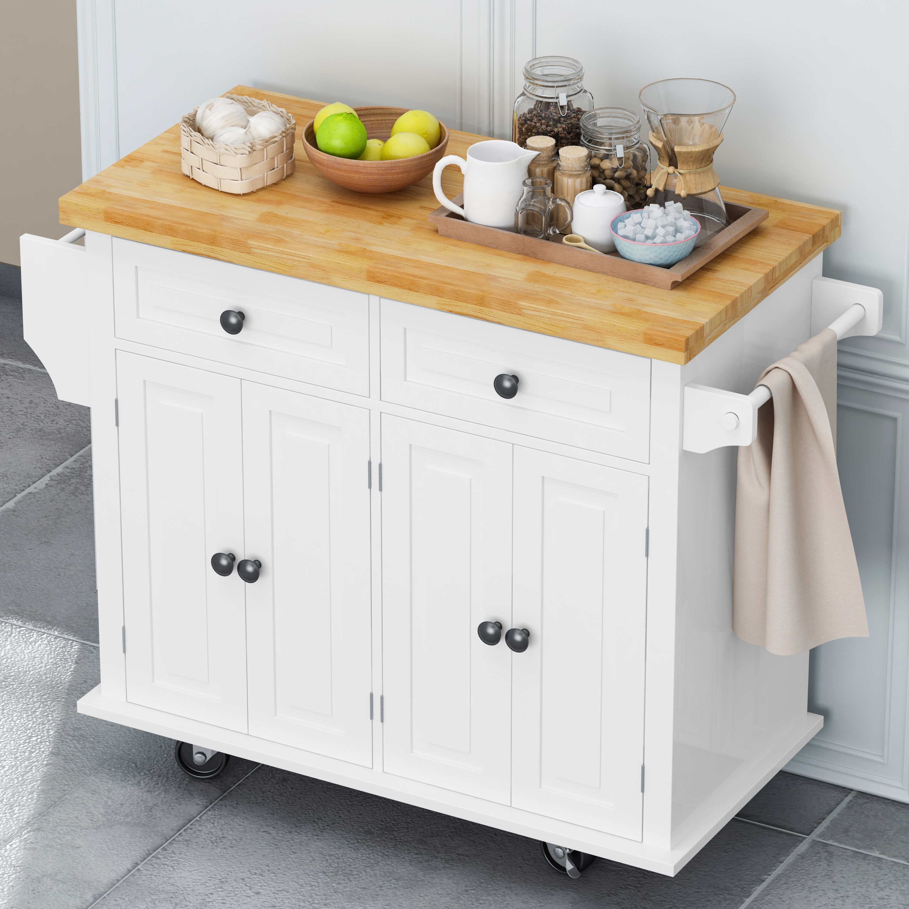 🆓🚛 Kitchen Island Cart With Two Storage Cabinets and Two Locking Wheels, 43.31" Width, 4 Door Cabinet and Two Drawers, Spice Rack, Towel Rack, White