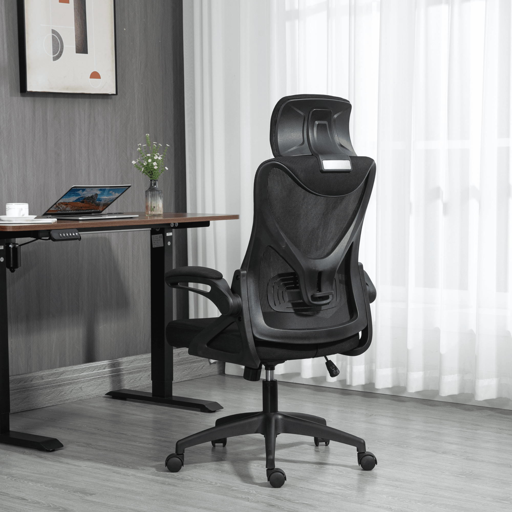 Ergonomic Office Desk Chair with wheels High Back Computer Task Chair Home Mesh Swivel Desk Chair with Adjustable Back Height & Flip up Arms & Lumbar Support & Headrest for Home/Study/Working(Black)