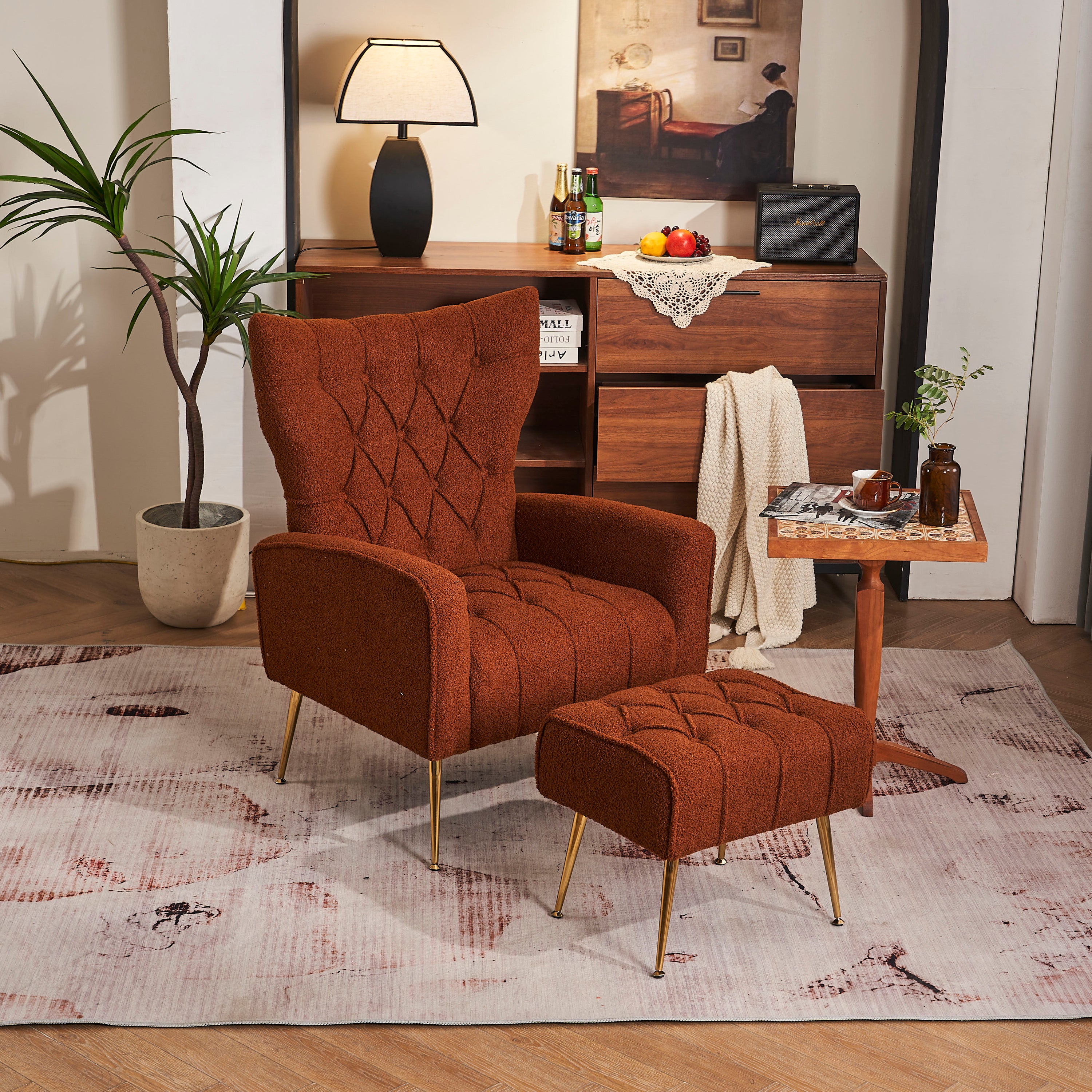 🆓🚛 Modern Accent Chair With Ottoman, Comfy Armchair for Living Room, Bedroom, Apartment, Office, Brown