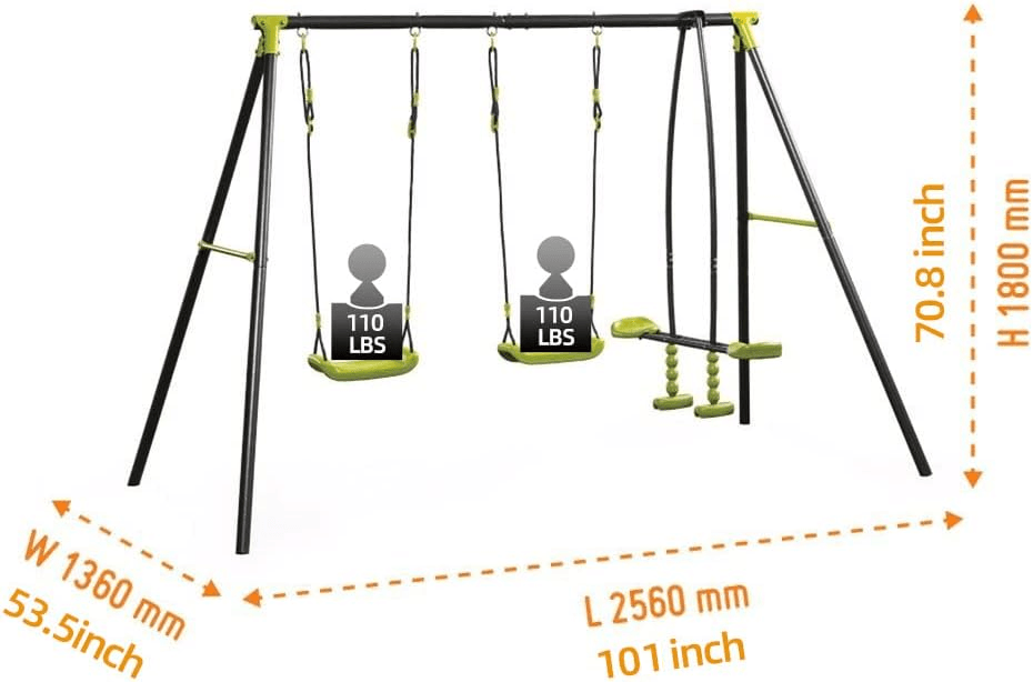🆓🚛 Interesting Triple Children Metal Safe Swing Set 440Lbs for Outdoor Playground Three Seat Swing Black & Green for Age 3+