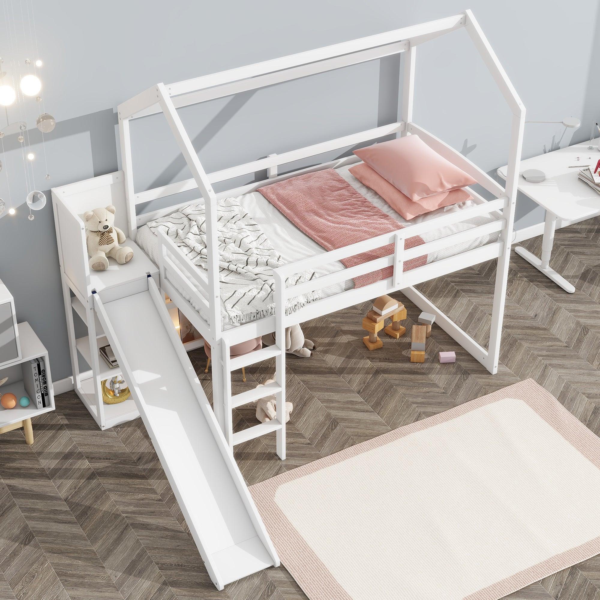 🆓🚛 Twin Size Wood House Loft Bed With Slide, Storage Shelves & Light, White