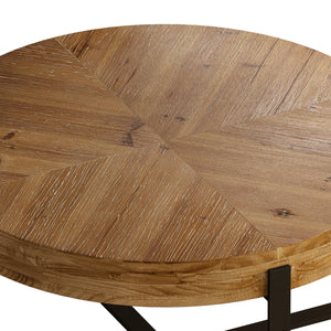 33.86" Modern Retro Splicing Round Coffee Table, Fir Wood Table Top with Black Cross Legs Base