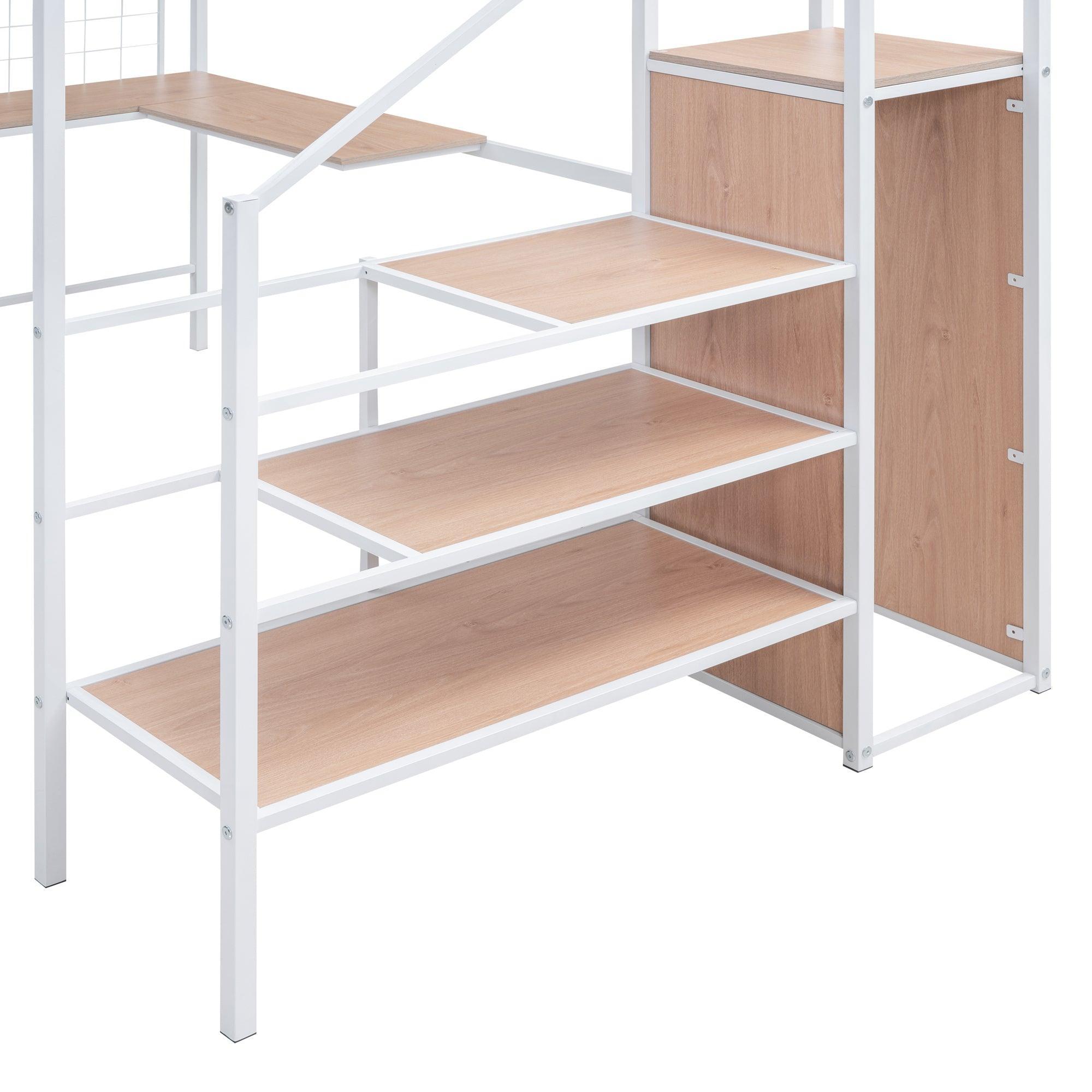 Full Size Metal Loft Bed with Desk and Metal Grid, Stylish Metal Frame Bed with Lateral Storage Ladder and Wardrobe, White