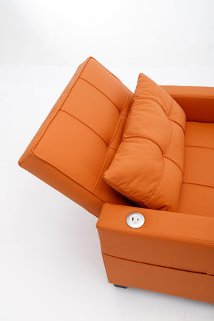 Futon Chair Bed Convertible Chair 3-in-1 Pull Out Sleeper Chair Beds with USB Ports, Wear-resistant and Anti-scratch, Armchair Bed Sleeper for Living Room (Orange Leather)