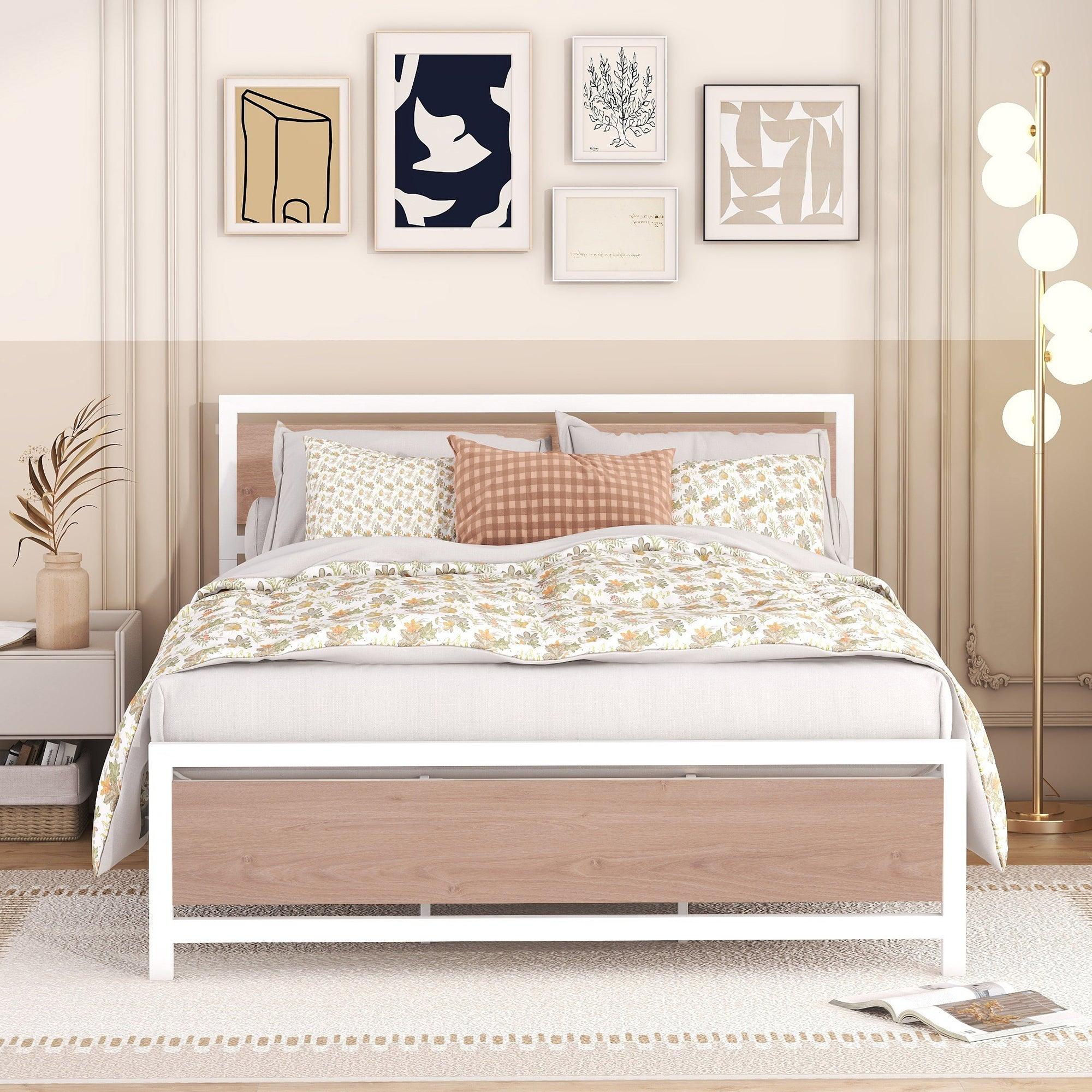 🆓🚛 Queen Size Platform Bed, Metal & Wood Bed Frame With Headboard & Footboard, White