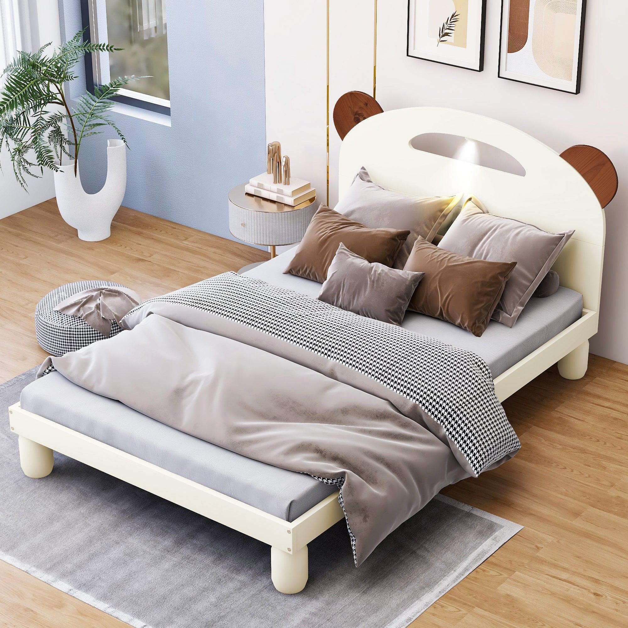 🆓🚛 Twin Size Platform Bed With Bear Ears Shaped Headboard & Led, Cream White