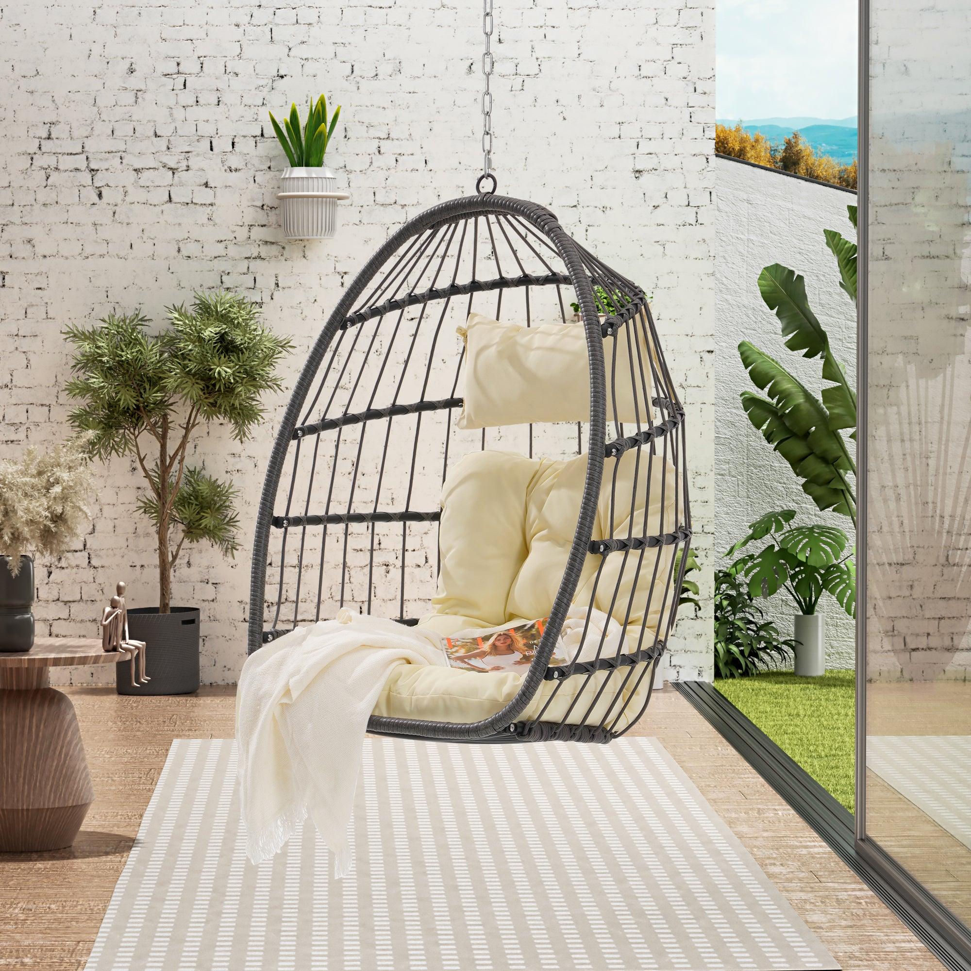 🆓🚛 Outdoor Garden Rattan Egg Swing Chair Hanging Chair, Khaki & Yellow