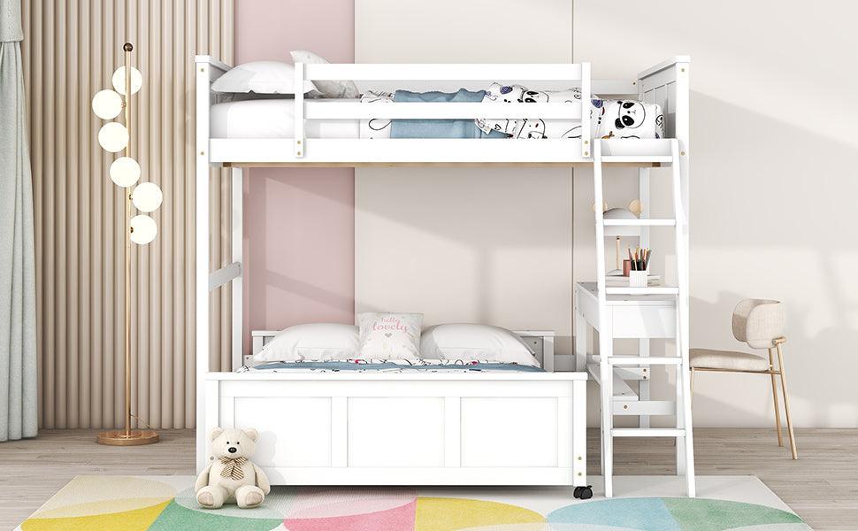 Full Over Full Bunk Bed with Desk, White