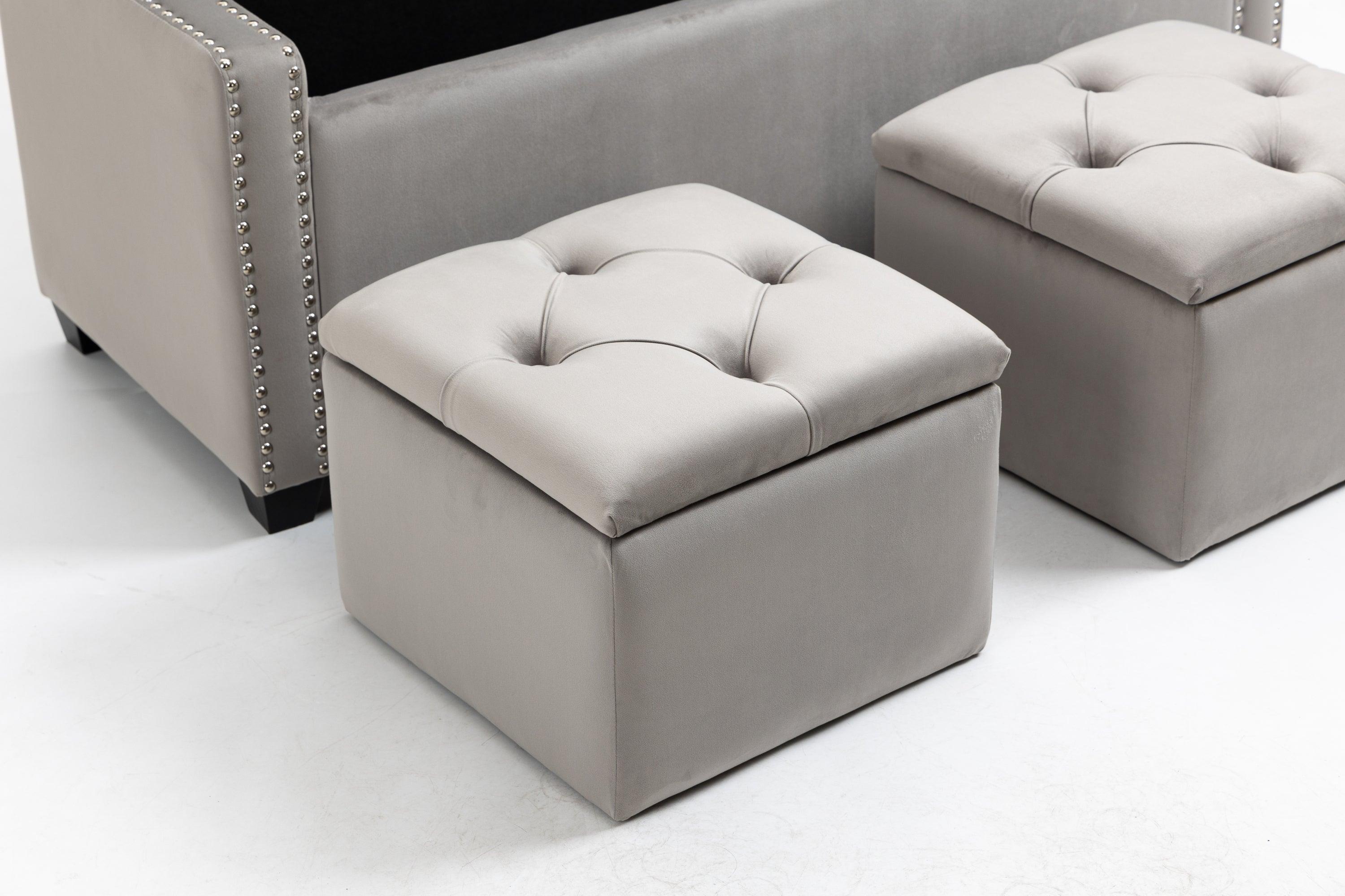 🆓🚛 Set Of 3 - 1 Wide Upholstered Storage Ottoman With 2 Square Smaller Ottomans - Gray