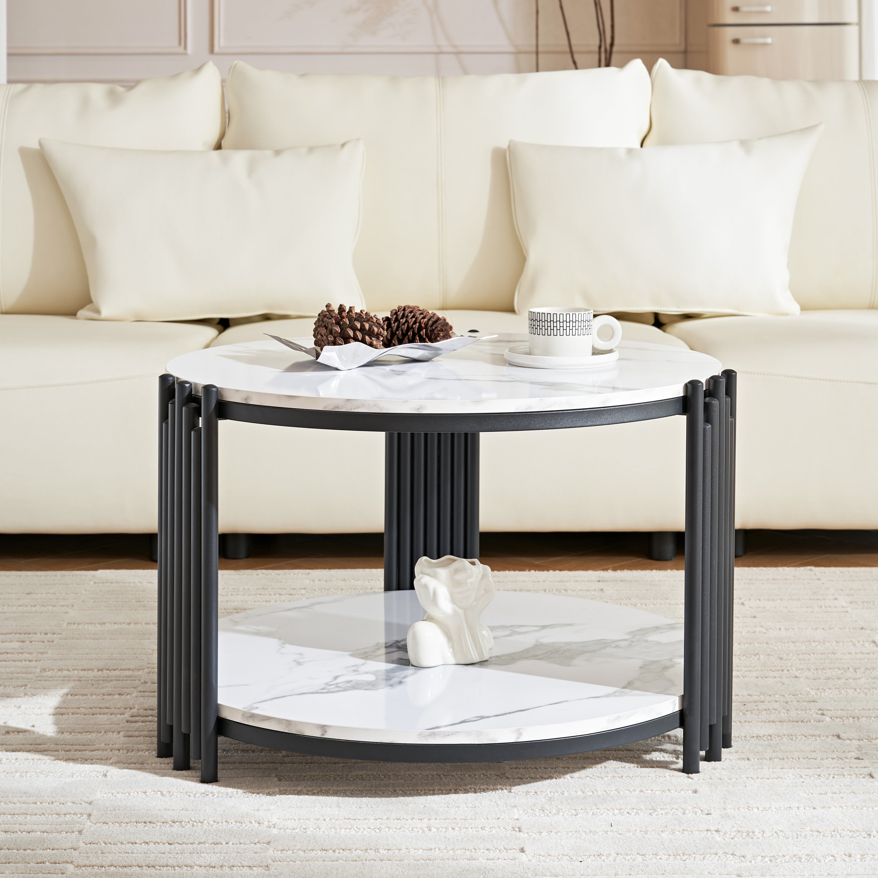 28.35 Inches Round Coffee Table, Small Coffee Table With Storage, Faux Marbling Top & Sturdy Metal Legs, Modern Sofa Table for Living Room, Small Spaces, Home Furniture With Storage Open Shelf.(Black)