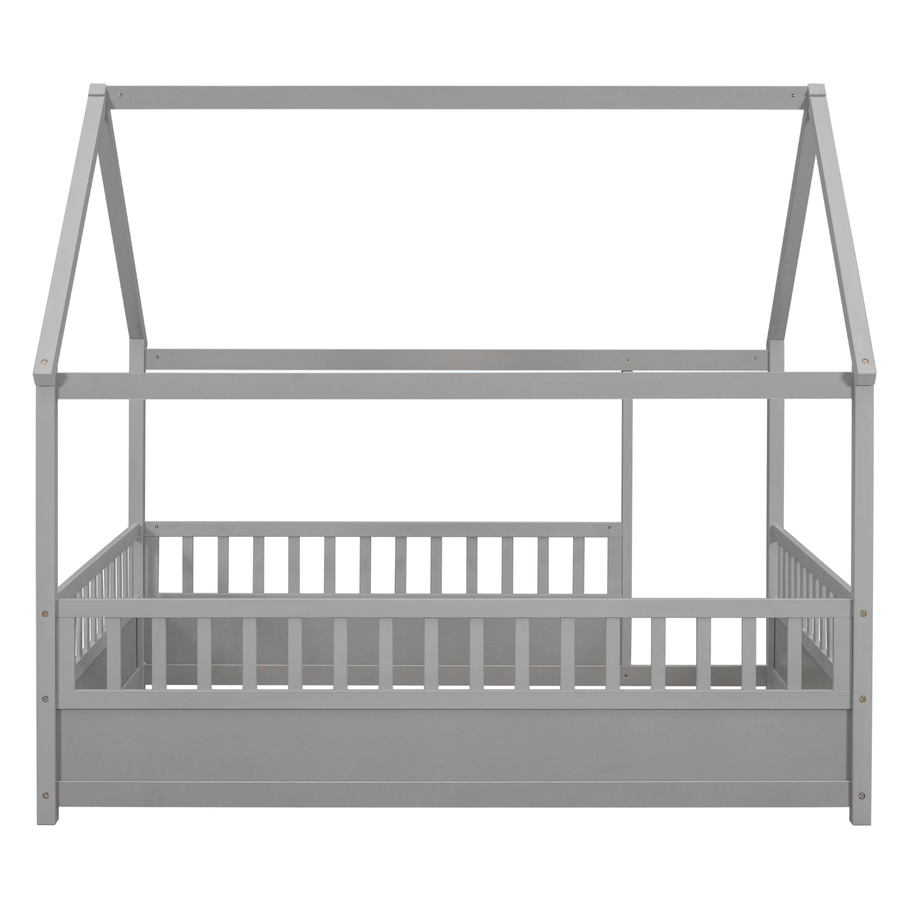 Full Size Floor Wooden Bed with House Roof Frame, Fence Guardrails, Grey