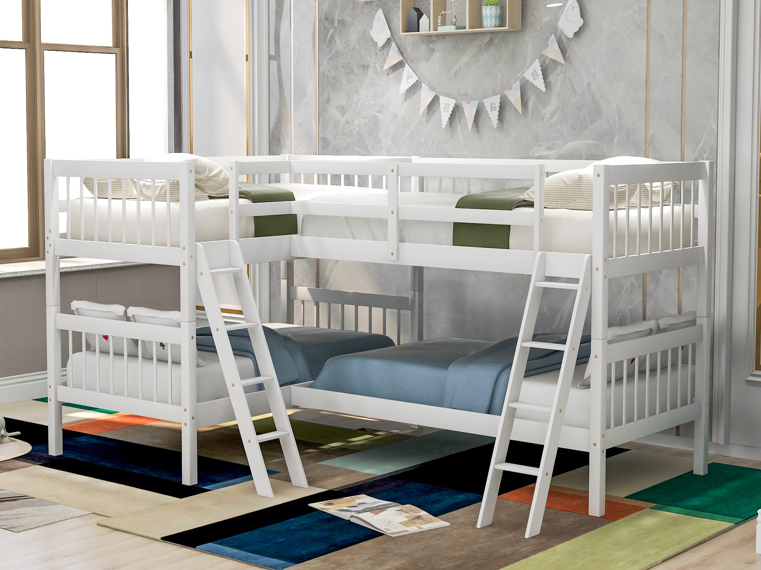 L-Shaped Bunk Bed with Ladder, Twin, Gray