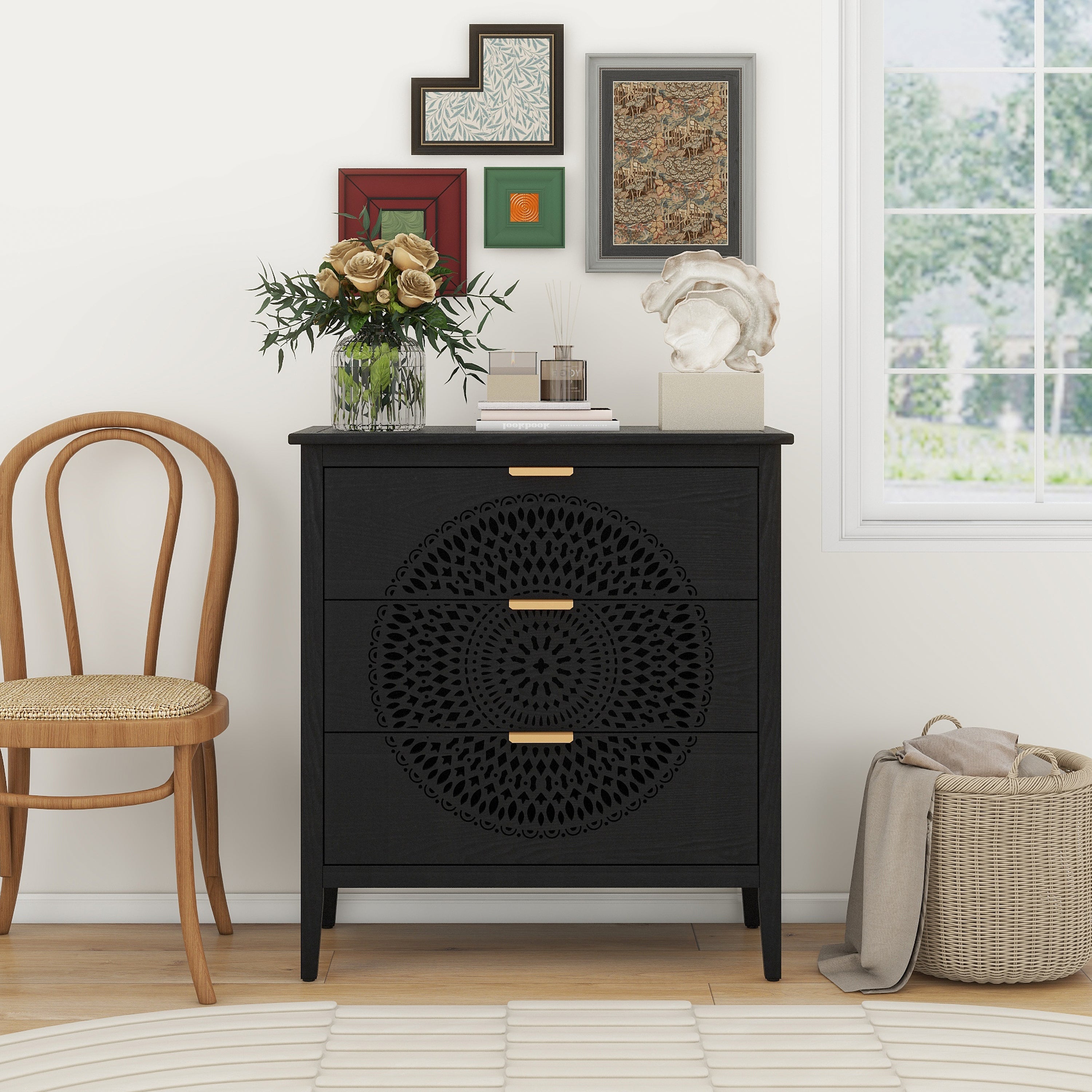 3 Drawer Cabinet With Hollow-Carved 3 Drawer Dresser Storage Chest With Metal Handles for Entryway Living Room Bedroom