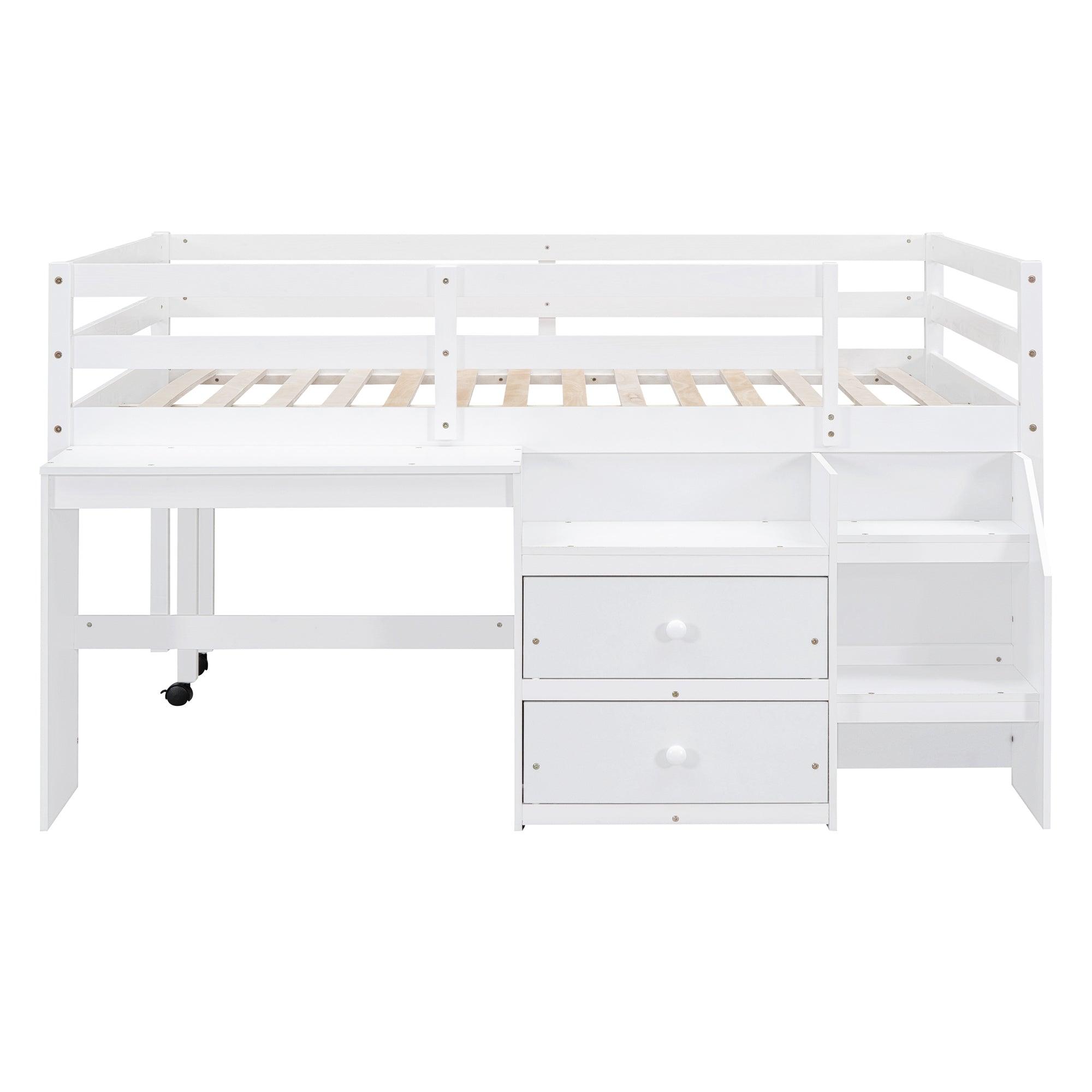 Full Size Loft Bed with Desk and Drawers, Wooden Loft Bed with Lateral Portable Desk, White