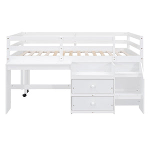 Full Size Loft Bed with Desk and Drawers, Wooden Loft Bed with Lateral Portable Desk, White