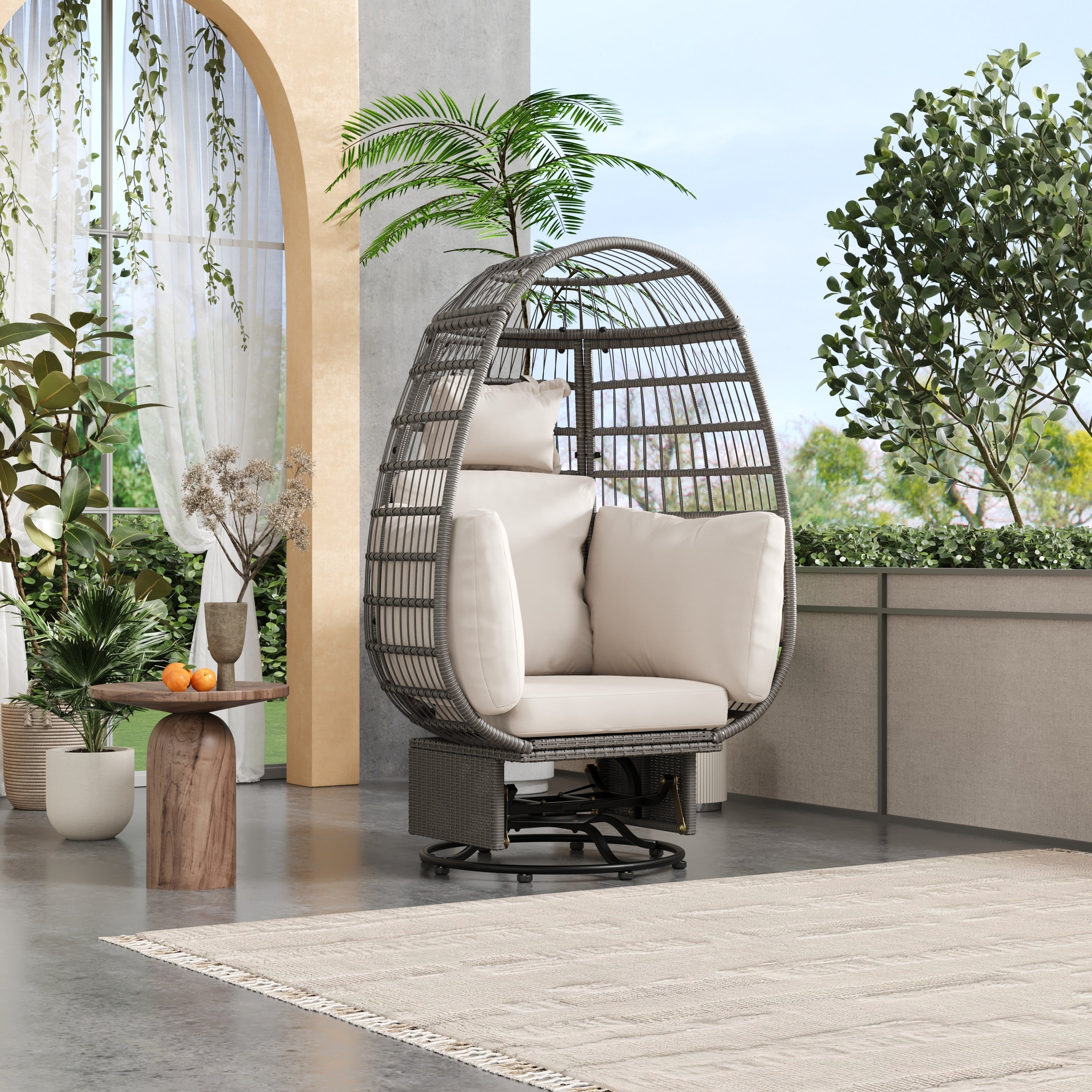 🆓🚛 Outdoor Swivel Chair With Cushions, Rattan Egg Patio Chair With Rocking Function for Balcony, Poolside and Garden, Gray Wicker + Beige Cushion