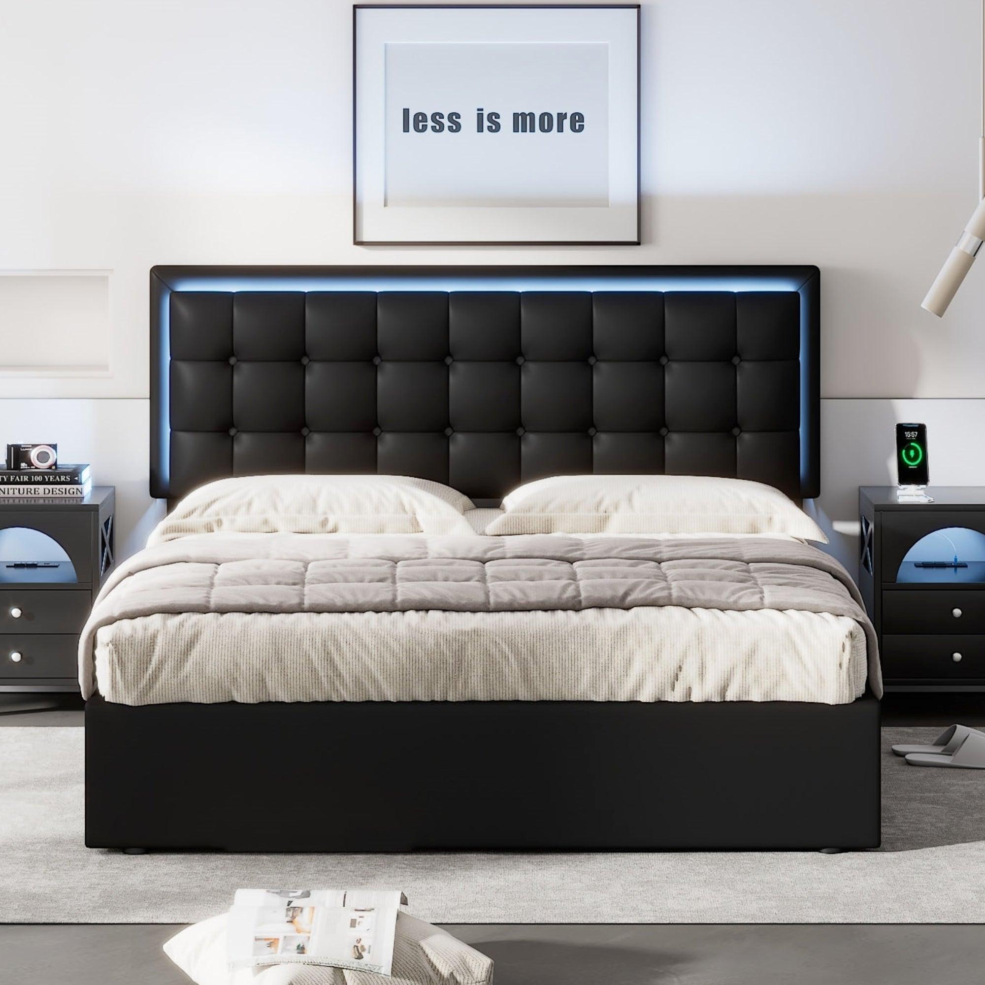 🆓🚛 Queen Size Tufted Upholstered Platform Bed With Hydraulic Storage System, Pu Storage Bed With Led Lights, Black