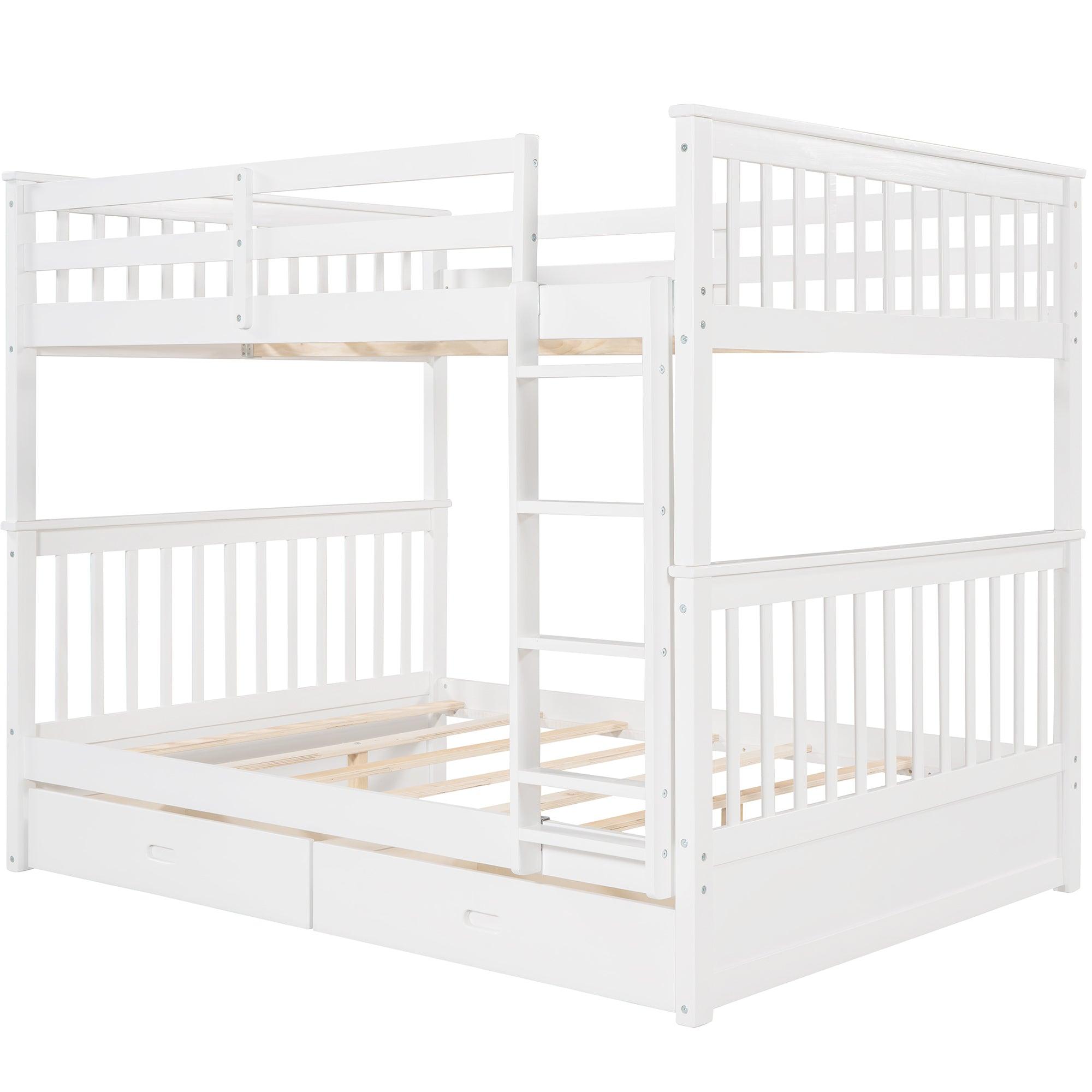 Full-Over-Full Bunk Bed with Ladders and Two Storage Drawers (White)