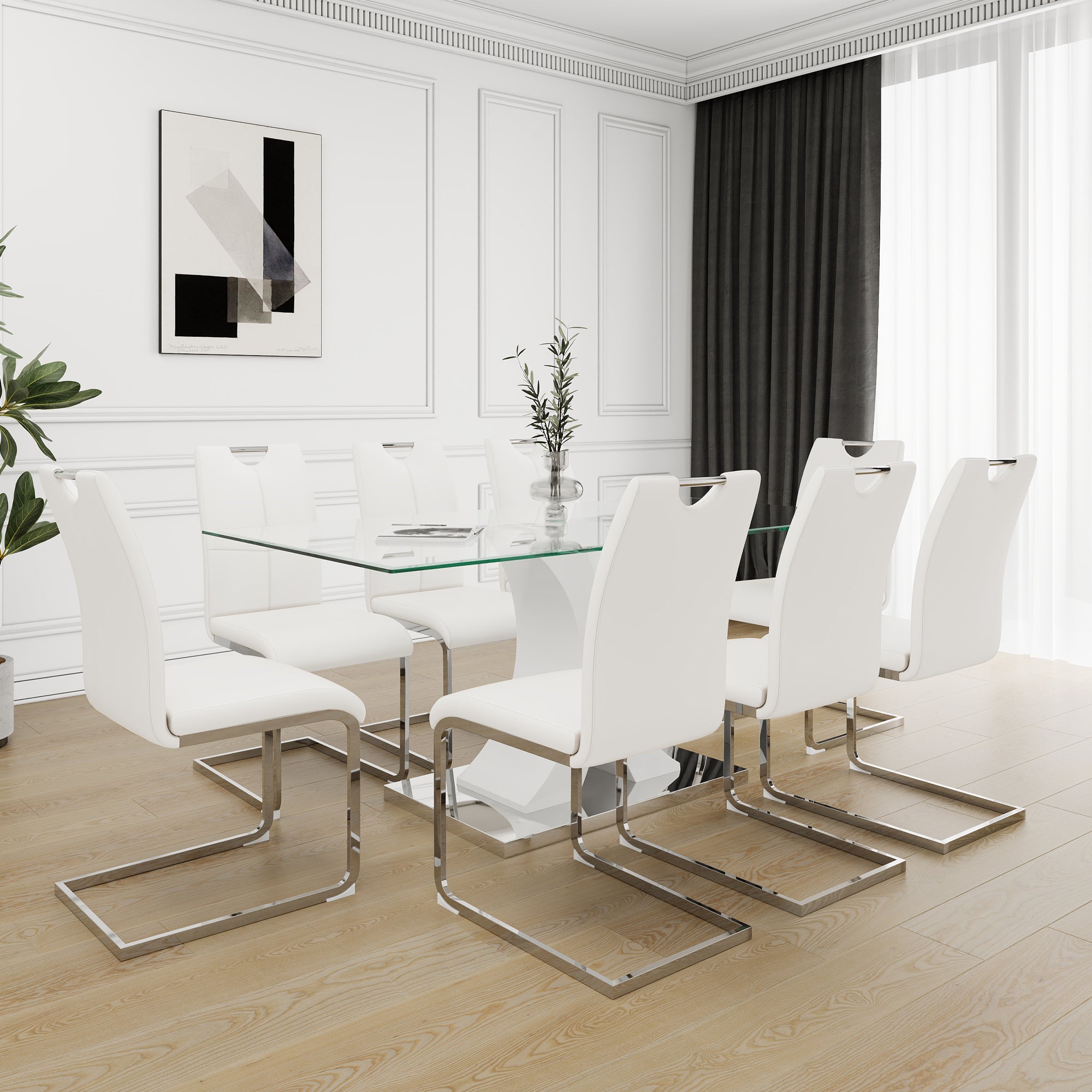 🆓🚛 Modern Table and Chair Set, Modern Style Glass Table, Elegant Transparent Design, Durable Support Base, 8 White Dining Chairs, Electroplated Chair Legs