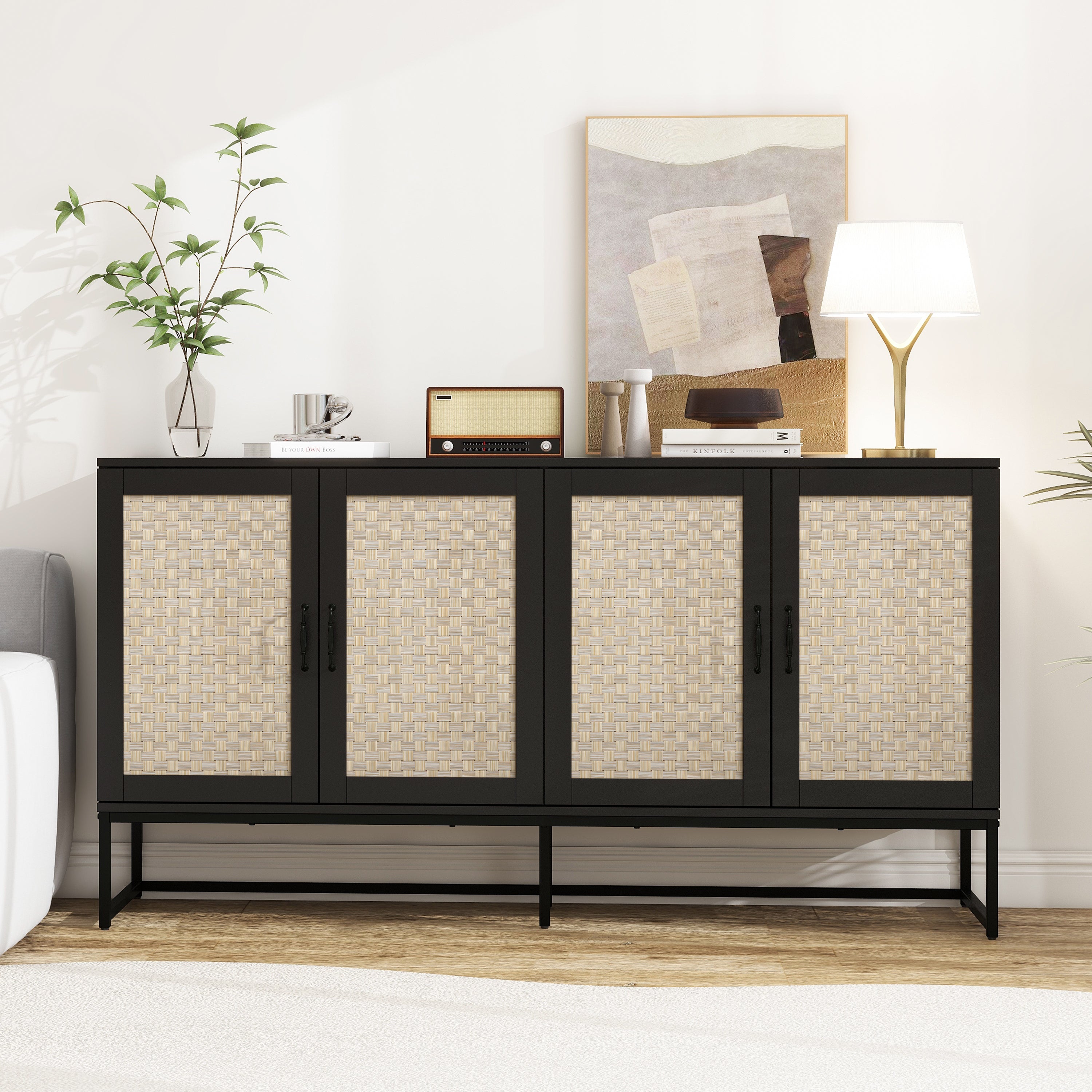 Rattan 4-Door Sideboard, Sideboard Buffet Storage Cabinet, Accent Storage Cabinet, Large Cabinet With 4 Rattan Decorated Doors for Living Room Dining Room