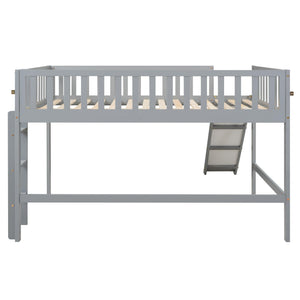 Full Size Low Loft Bed with Ladder and Slide, Gray