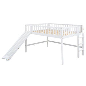 Full Size Low Loft Bed with Ladder and Slide, White