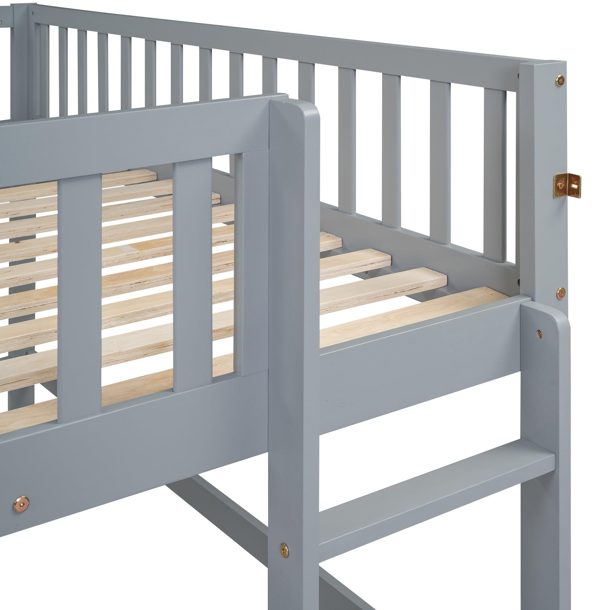 Full Size Low Loft Bed with Ladder and Slide, Gray