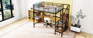 Full Size Metal Loft Bed with Desk and Metal Grid, Stylish Metal Frame Bed with Lateral Storage Ladder and Wardrobe, Black