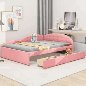 Full Size PU Upholstered Tufted Daybed with Two Drawers and Cloud Shaped Guardrail, Pink