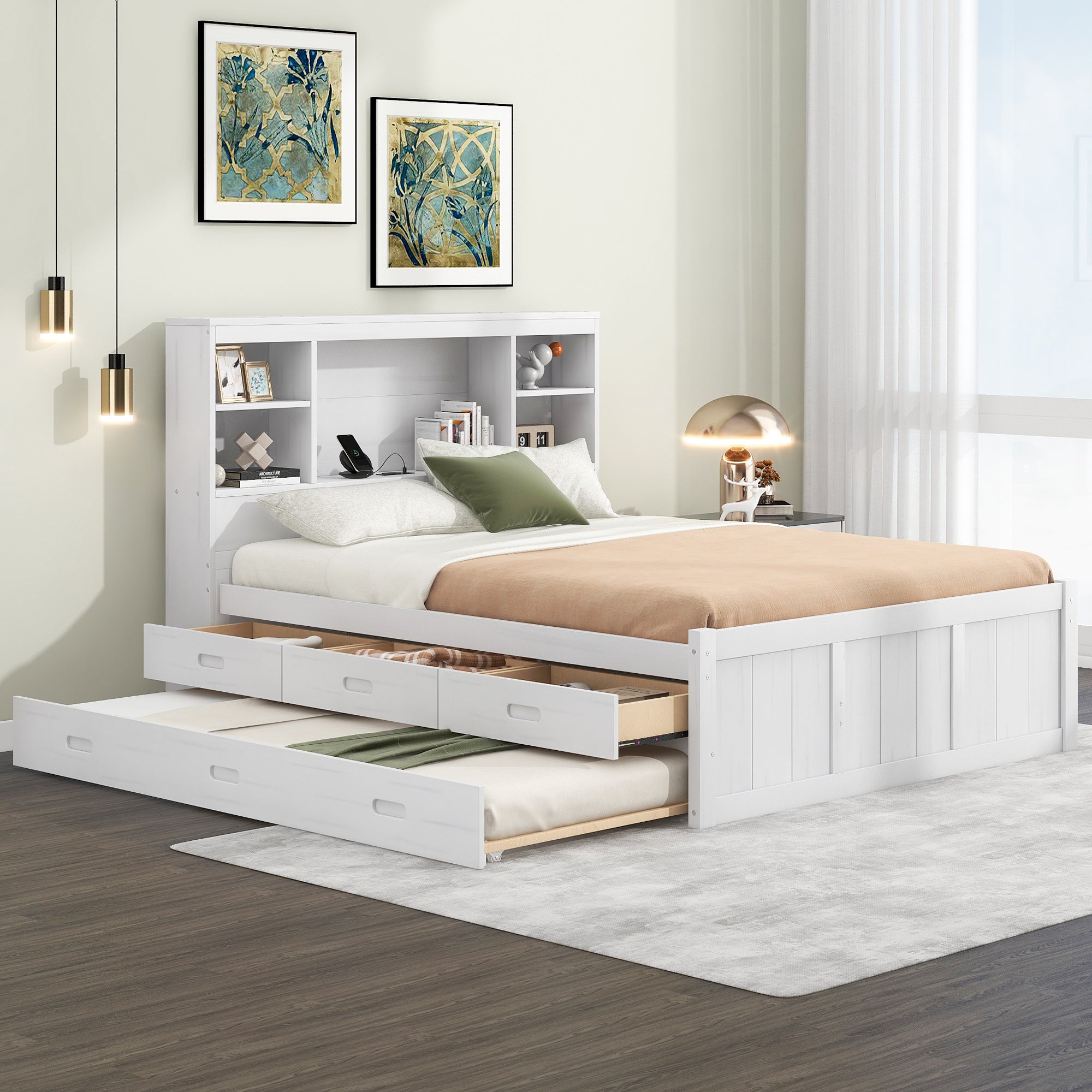 🆓🚛 Full Size Platform Bed With Storage Headboard, Charging Station, Twin Size Trundle and 3 Drawers, Antique White