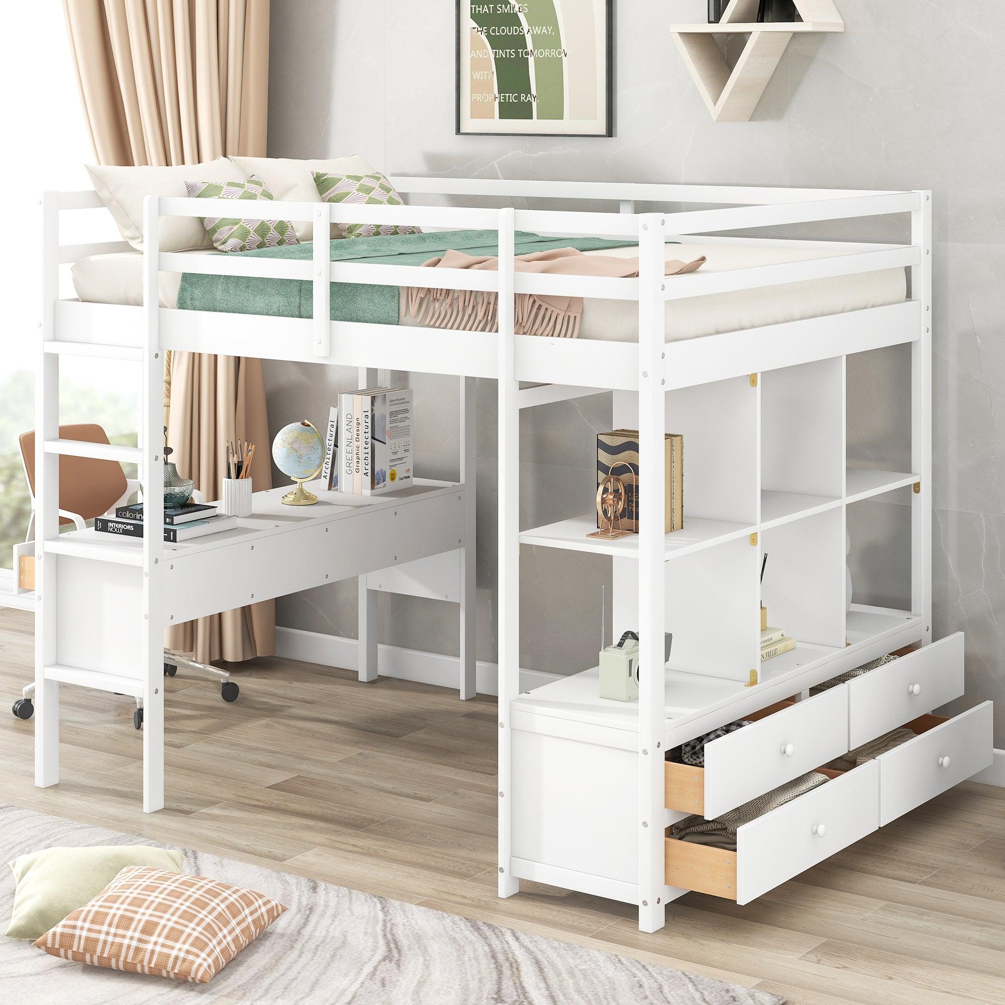 🆓🚛 Full Size Loft Bed With Built-in Desk With Two Drawers, & Storage Shelves & Drawers, White