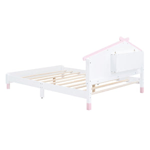 Full Size Wood Platform Bed with House-shaped Headboard and Motion Activated Night Lights (White+Pink)