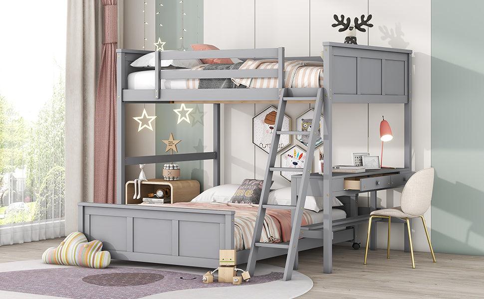 Full Over Full Bunk Bed with Desk, Gray