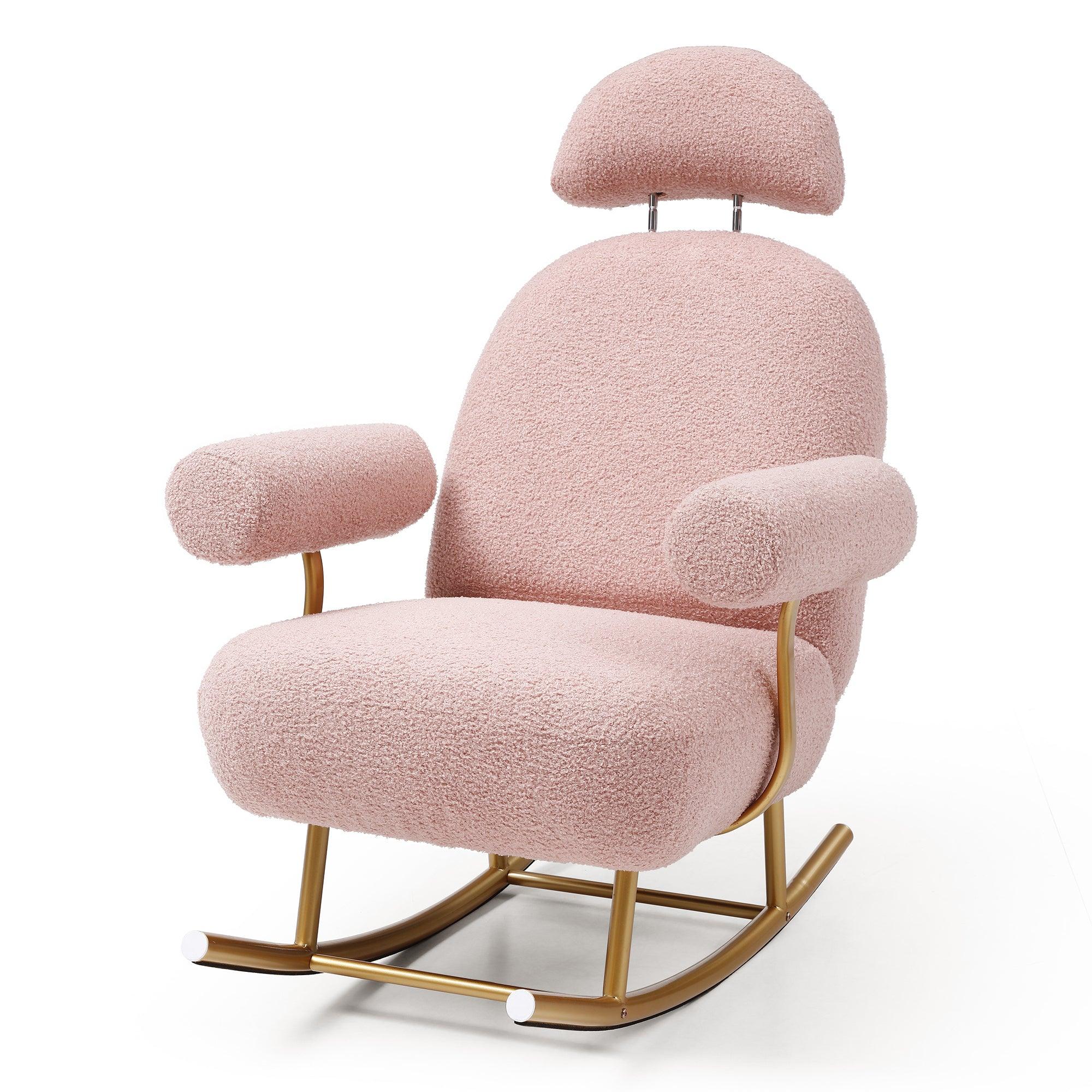 🆓🚛 Modern Sherpa Fabric Nursery Rocking Chair, Accent Upholstered Rocker Glider Chair for Baby & Kids, Comfy Armchair With Gold Metal Frame, Leisure Sofa Chair for Nursery/Bedroom/Living Room, Dark Pink