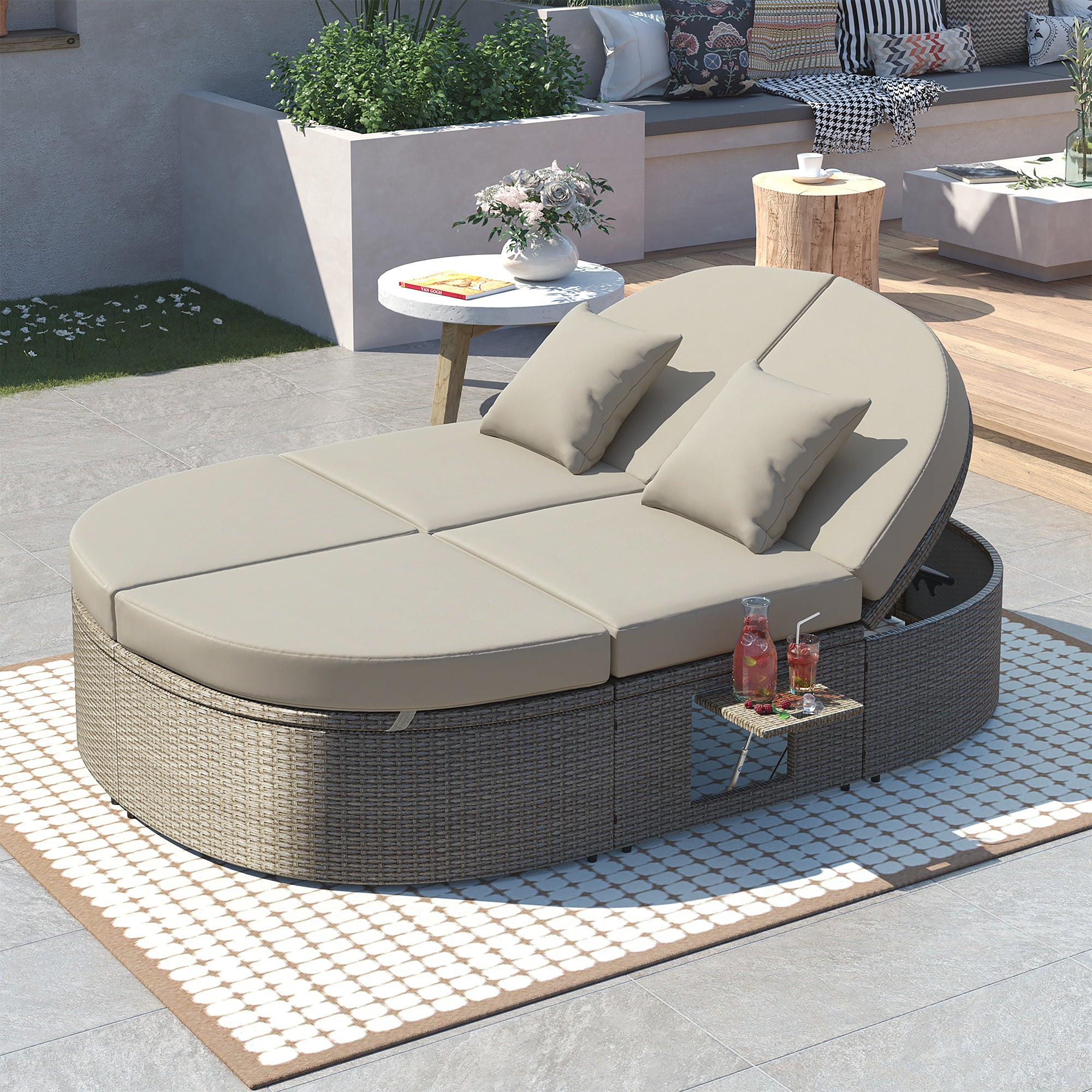 🆓🚛 Outdoor Sun Bed Patio 2-Person Daybed With Cushions and Pillows, Rattan Garden Reclining Chaise Lounge With Adjustable Backrests and Foldable Cup Trays for Lawn, Poolside, Gray