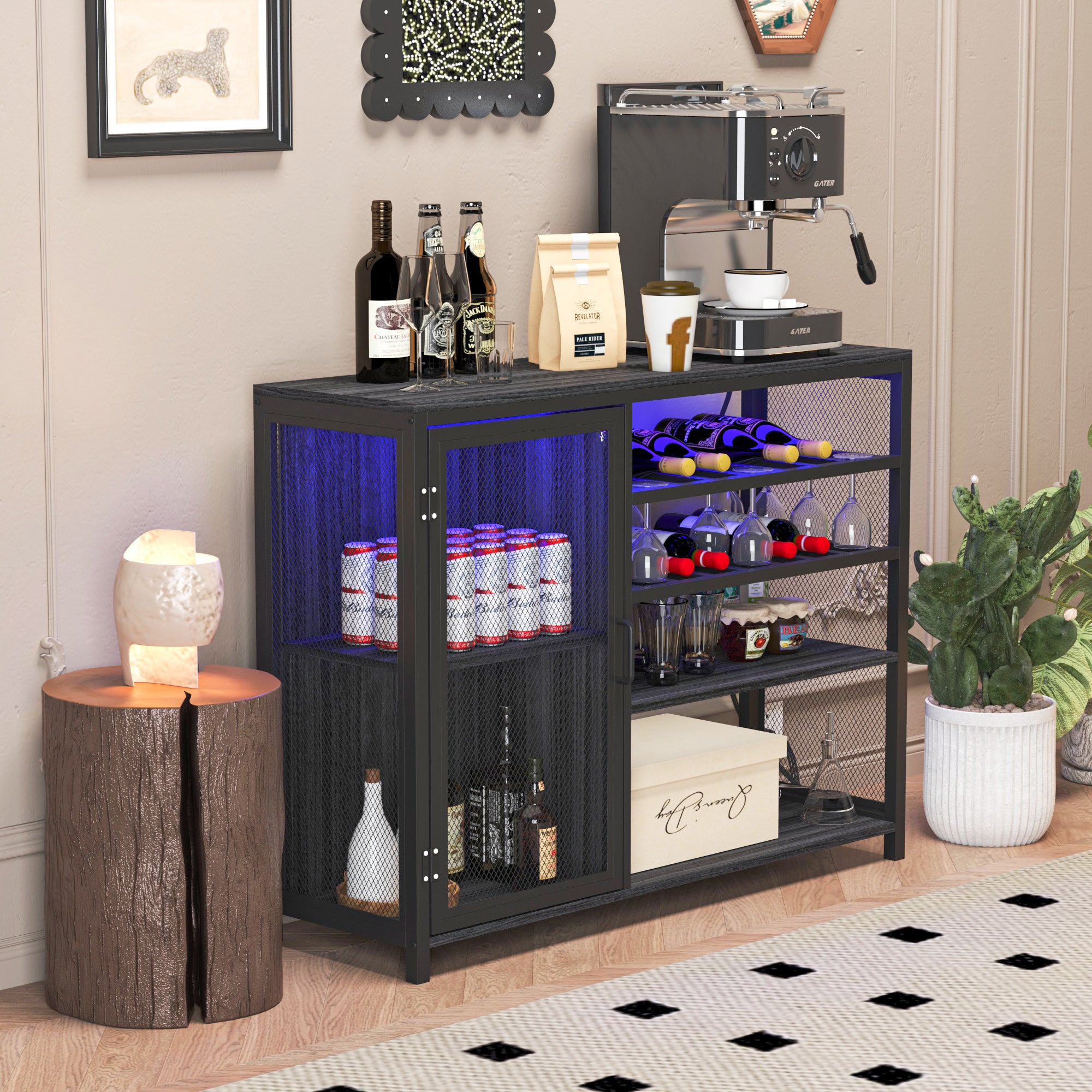 🆓🚛 Wine Bar Cabinet, Liquor Storage Credenza, Sideboard With Wine Racks & Stemware Holder, With USB Socket, Metal Bracket, Gray + Silver Silk Thread