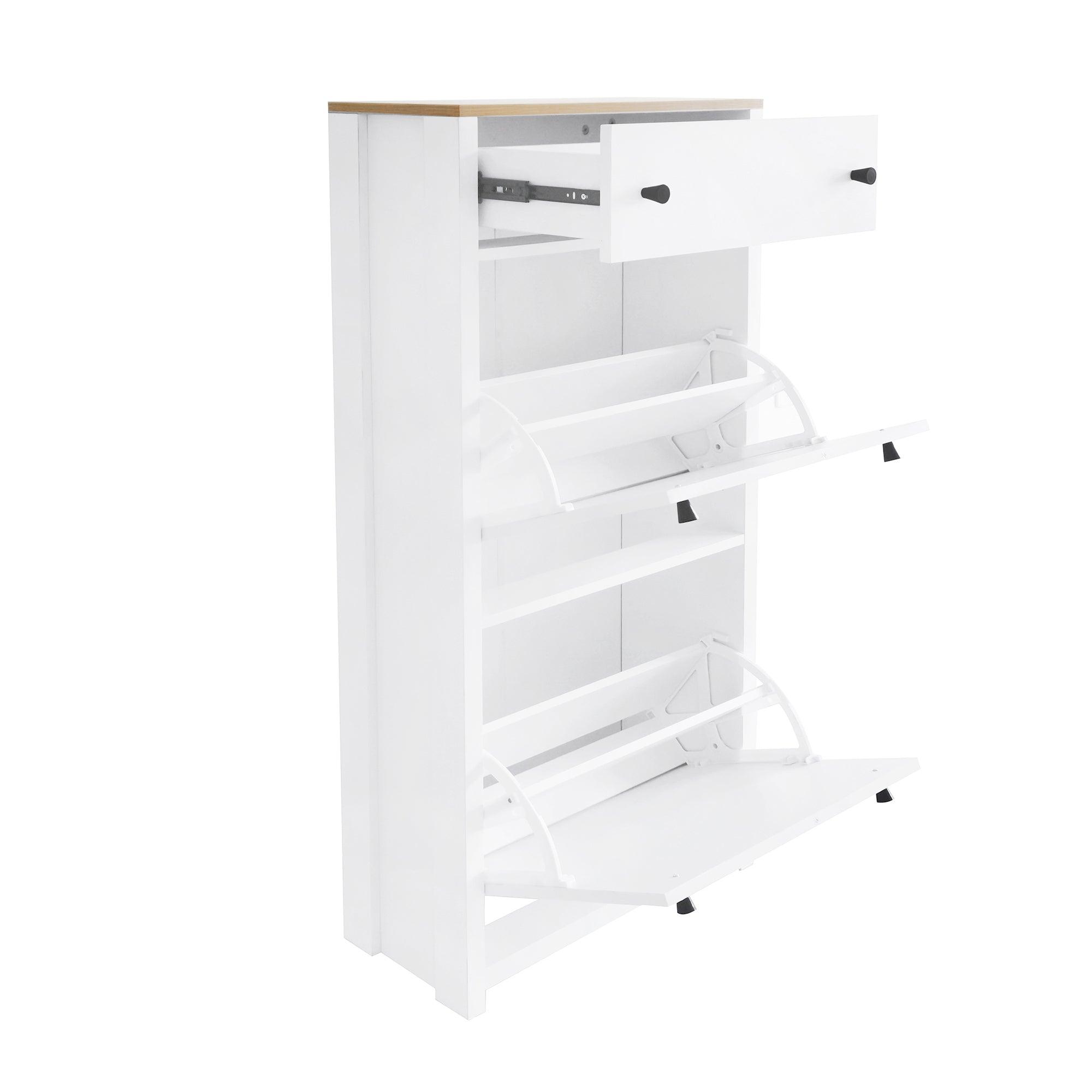 Functional Entryway Organizer with 2 Flip Drawers, Wood Grain Pattern Top Shoe Cabinet with Drawer, Free Standing Shoe Rack with Adjustable Panel for Hallway, White