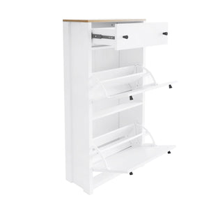 Functional Entryway Organizer with 2 Flip Drawers, Wood Grain Pattern Top Shoe Cabinet with Drawer, Free Standing Shoe Rack with Adjustable Panel for Hallway, White